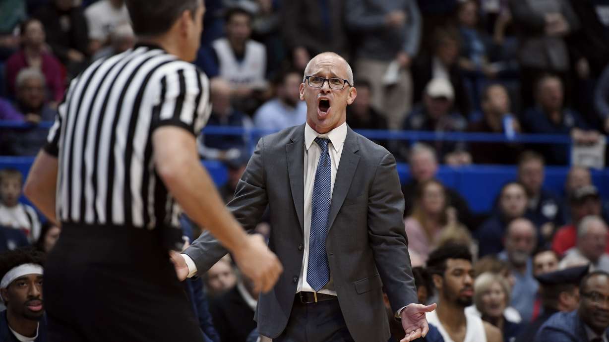FILE - Connecticut head coach Dan Hurley reacts during the second half of an NCAA college basketball game against Arizona, Dec. 2, 2018, in Hartford, Conn.