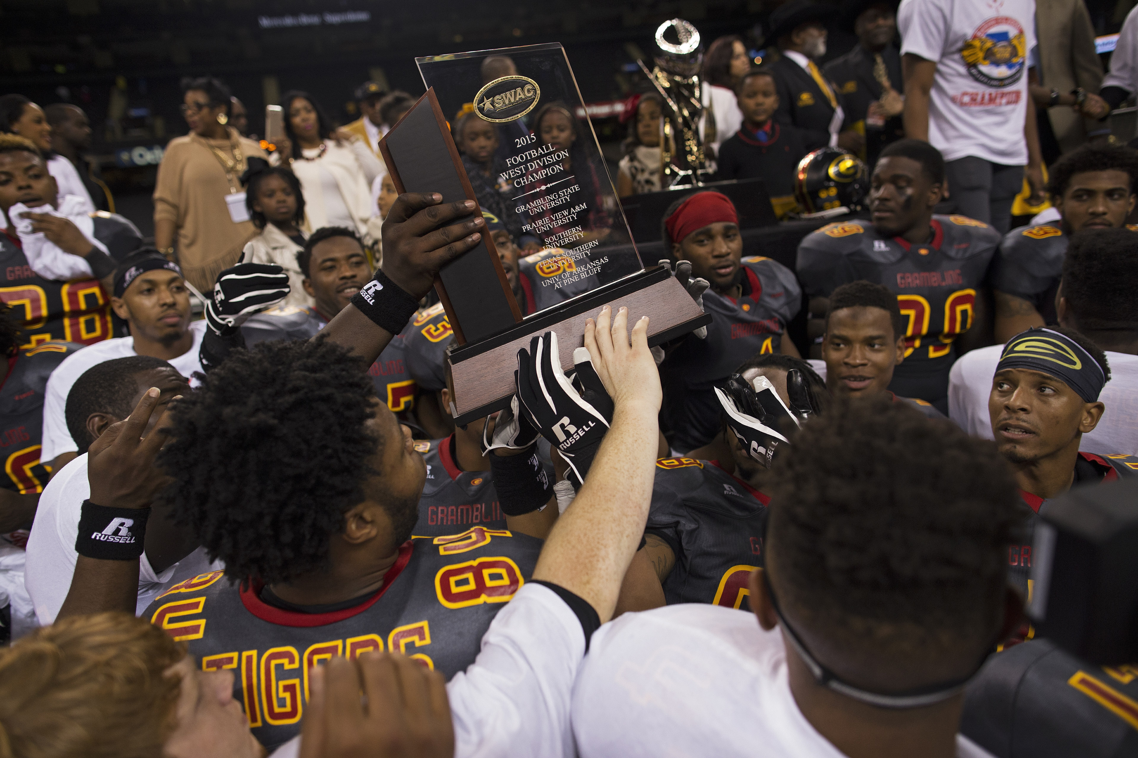 FILE - Grambling State celebrates their win over Southern University in the Bayou Classic NCAA college football game in New Orleans, Saturday, Nov. 28, 2015. 