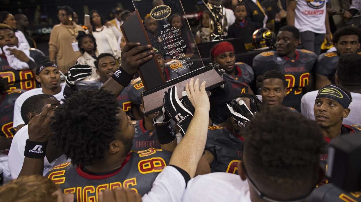 FILE - Grambling State celebrates their win over Southern University in the Bayou Classic NCAA college football game in New Orleans, Saturday, Nov. 28, 2015.
