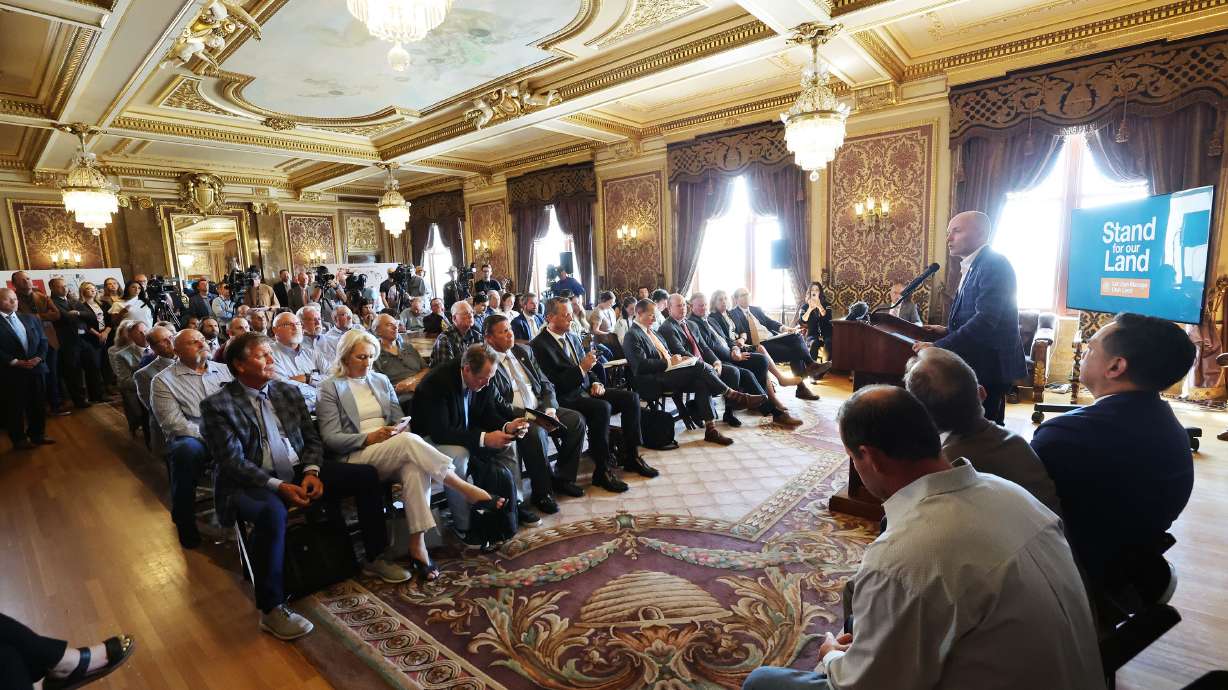Gov. Spencer Cox speaks during a press conference to announce state action for Utah public lands at the Capitol in Salt Lake City on Tuesday.