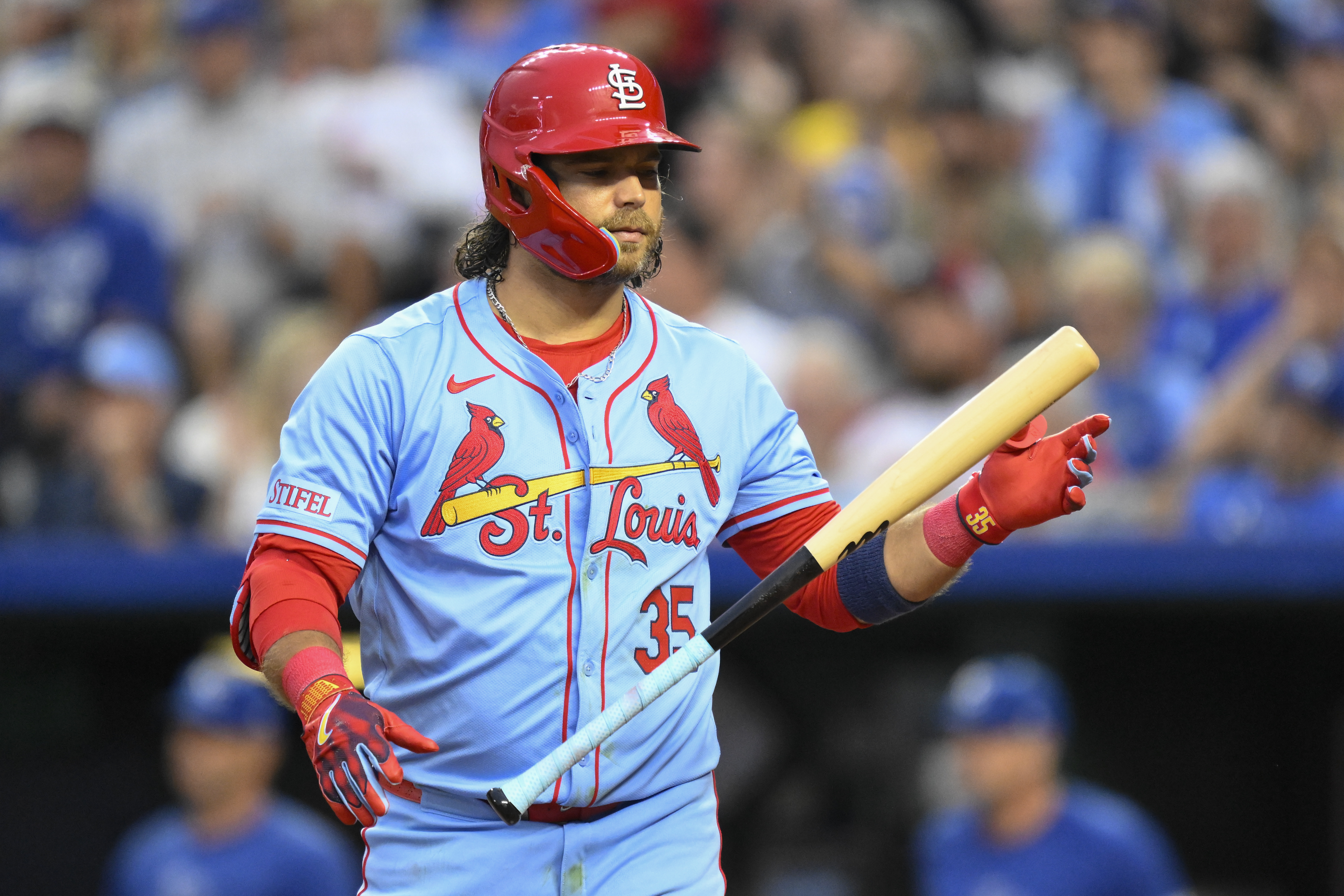 St. Louis Cardinals' Brandon Crawford tosses his bat after striking out against the Kansas City Royals during the seventh inning of a baseball game, Saturday, Aug. 10, 2024, in Kansas City, Mo. 