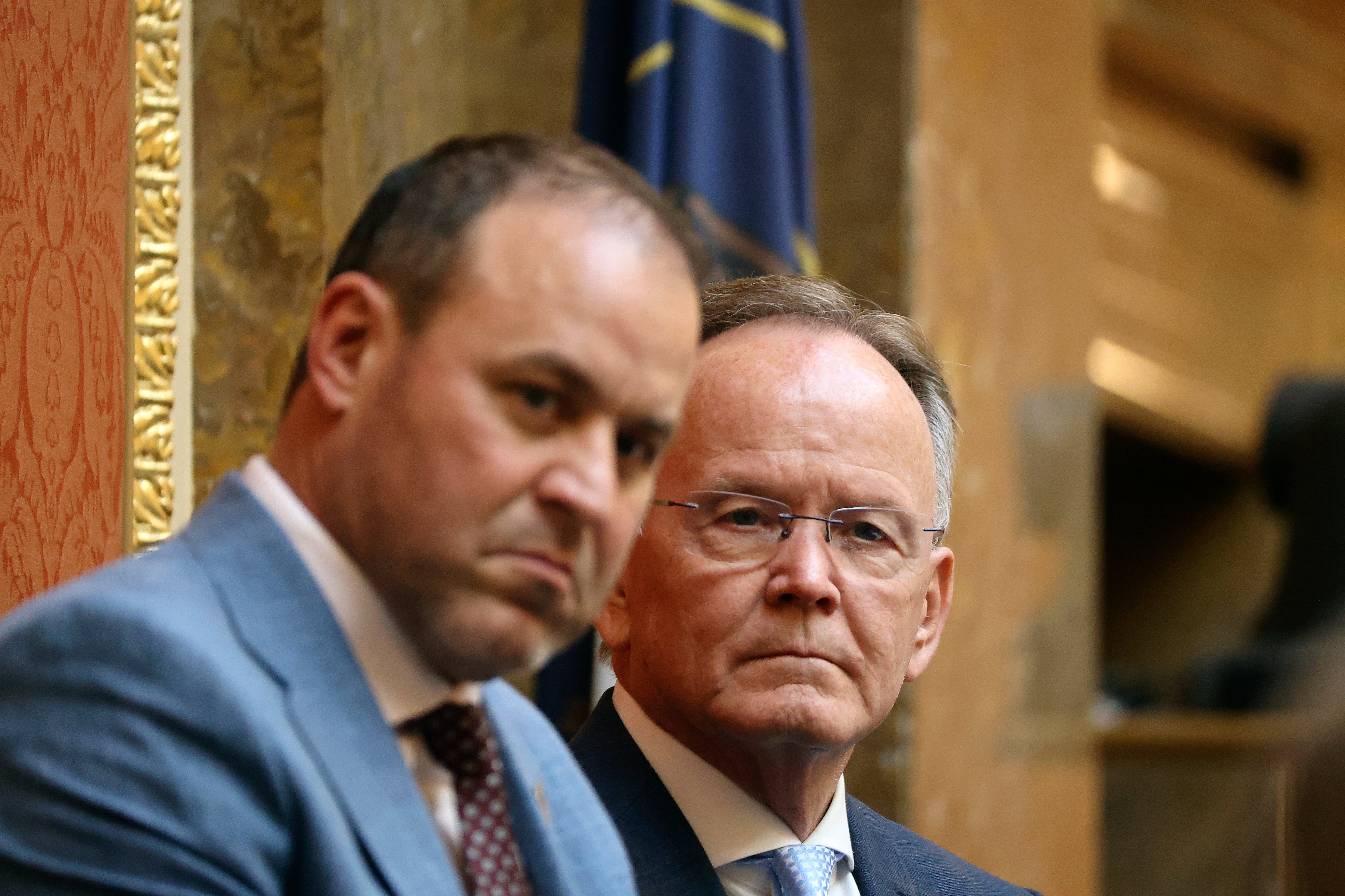 House Speaker Mike Schultz, R-Hooper, and Senate President Stuart Adams, R-Layton, listen in the House chamber at the Capitol in Salt Lake City on Jan. 16. Utah's majority leaders are advocating for a state amendment.