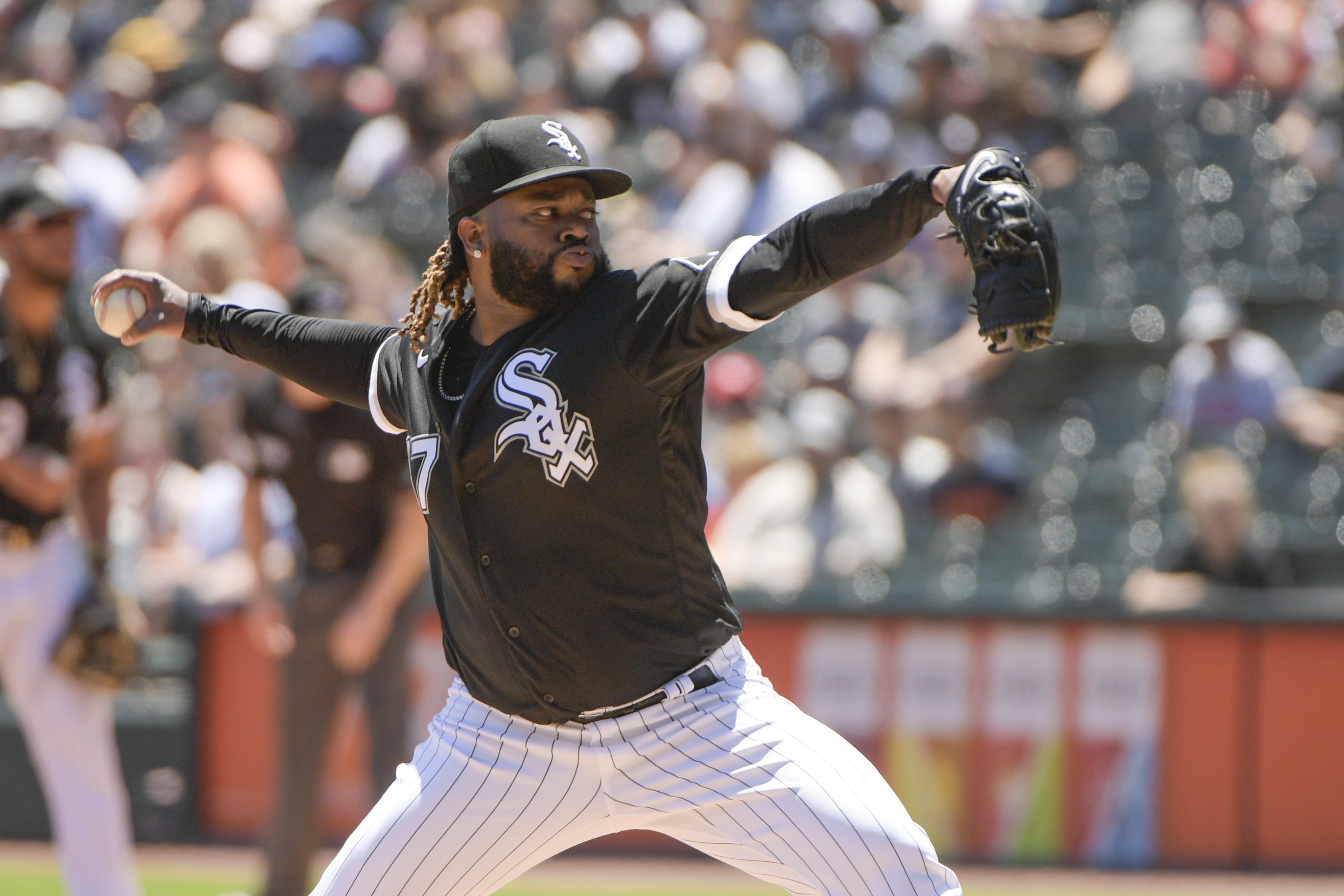 FILE - Chicago White Sox starting pitcher Johnny Cueto (47) throws against the Detroit Tigers during the first inning of a baseball game, July 9, 2022, in Chicago. 