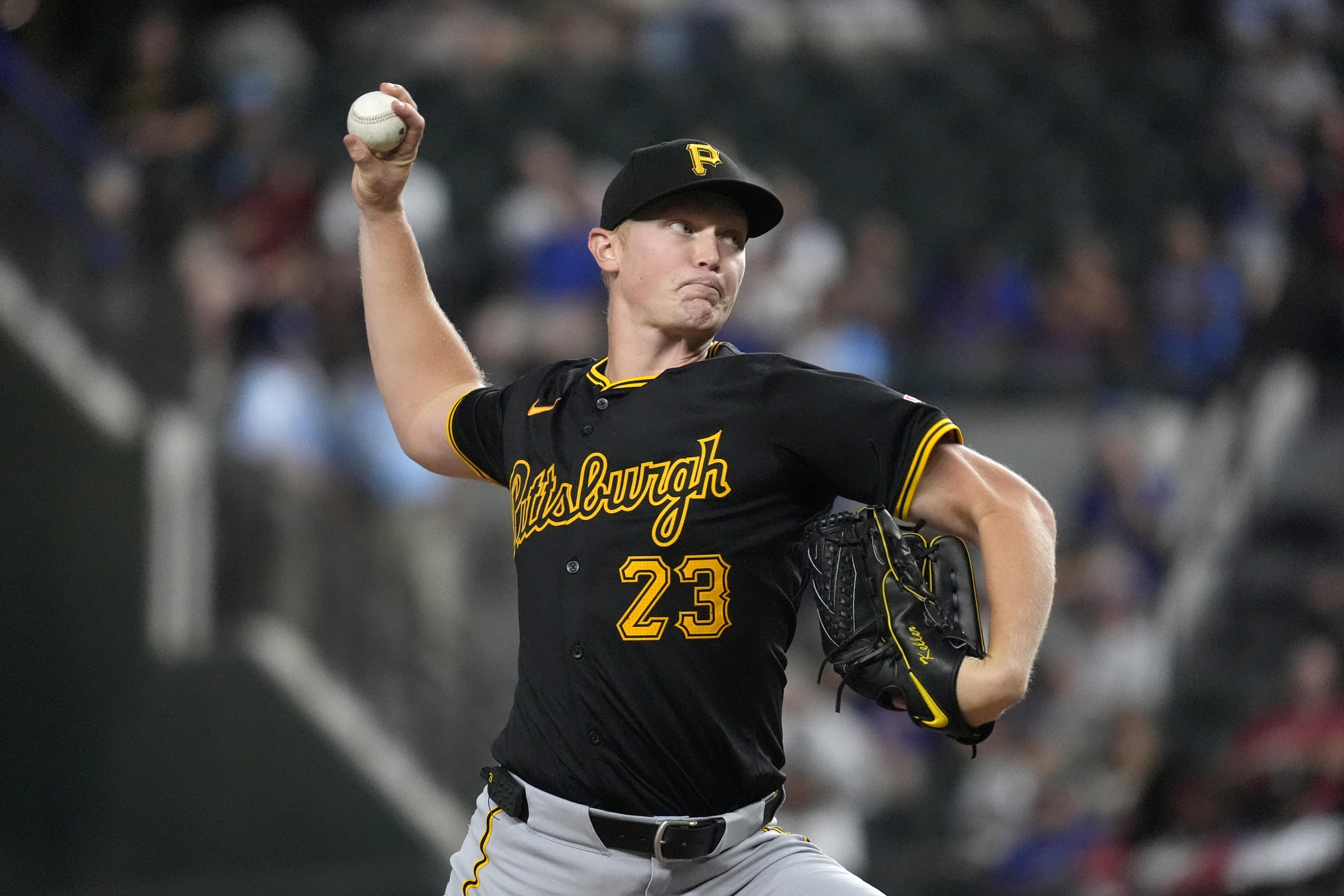 Pittsburgh Pirates starting pitcher Mitch Keller throws to the Texas Rangers in the fifth inning of a baseball game, Tuesday, Aug. 20, 2024, in Arlington, Texas. 