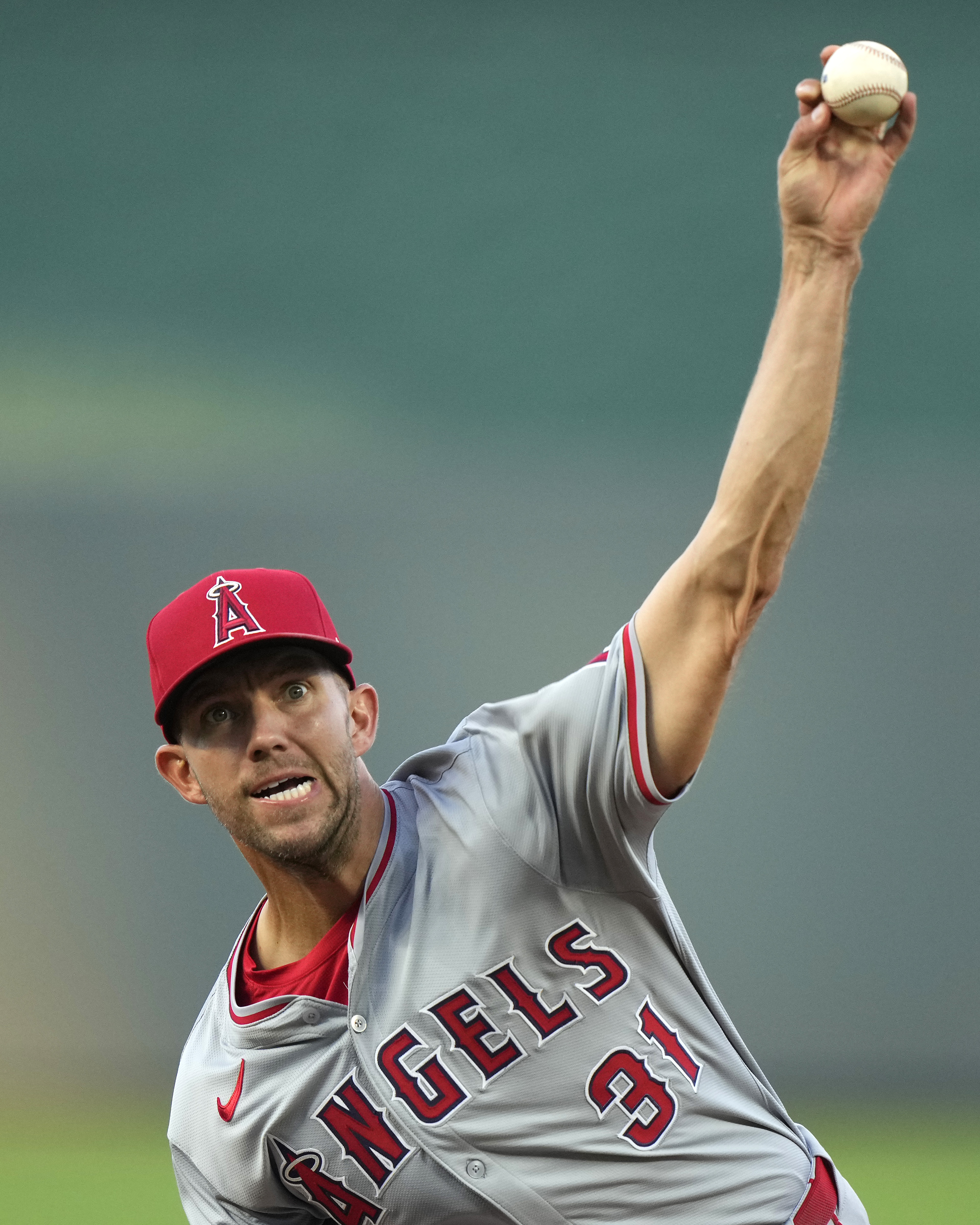 Los Angeles Angels starting pitcher Tyler Anderson throws during the first inning of a baseball game against the Los Angeles Angels Tuesday, Aug. 20, 2024, in Kansas City, Mo. 