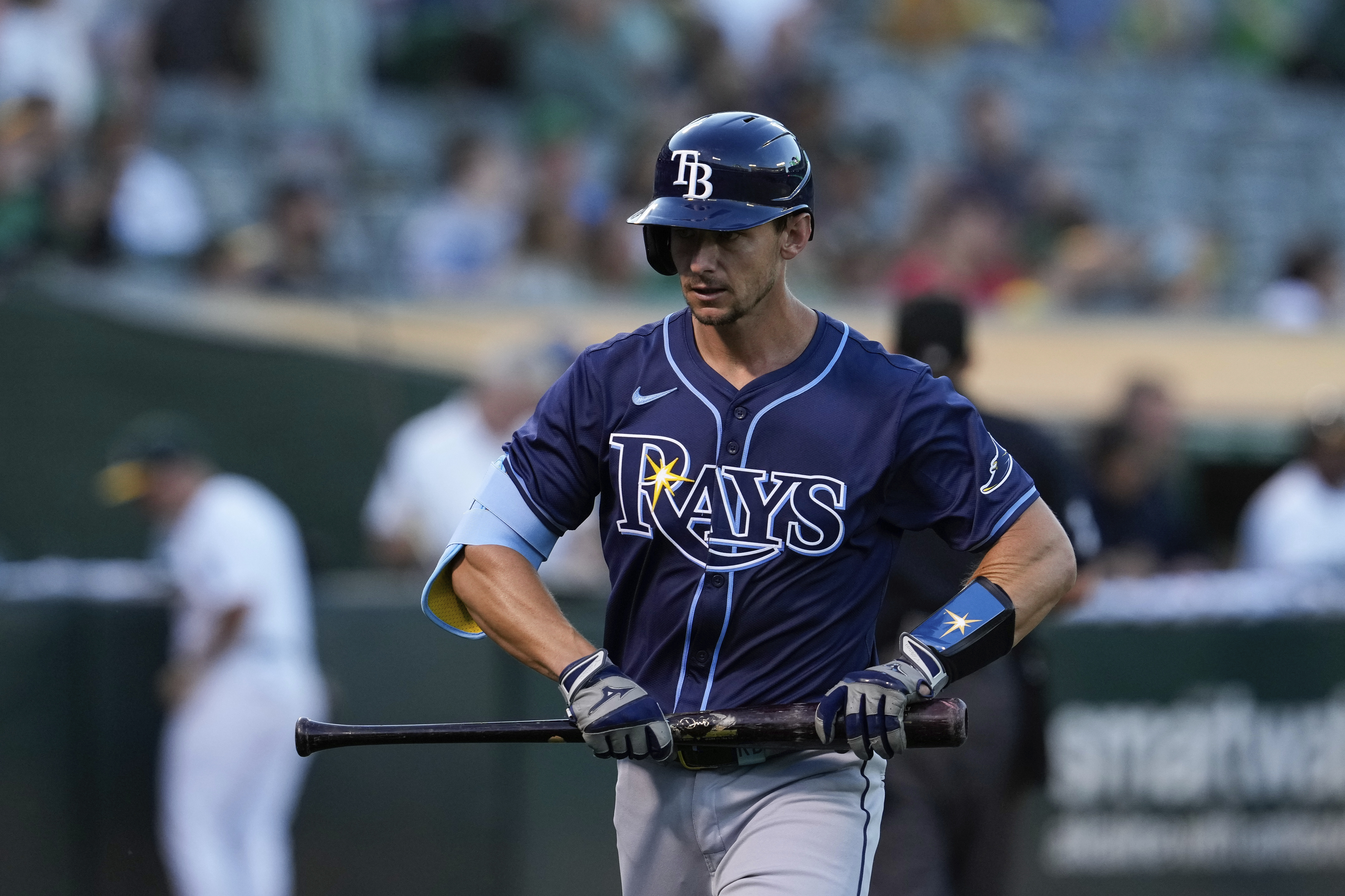 Tampa Bay Rays' Rob Brantly walks to the dugout after striking out during the fifth inning of a baseball game against the Oakland Athletics, Tuesday, Aug. 20, 2024, in Oakland, Calif.
