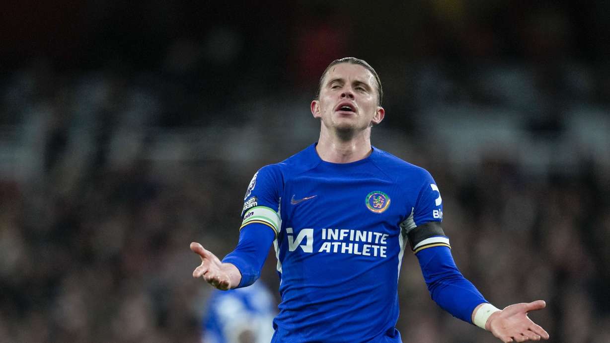 FILE - Chelsea's Conor Gallagher reacts during the English Premier League soccer match between Arsenal and Chelsea at Emirates Stadium in London, Tuesday, April 23, 2024.