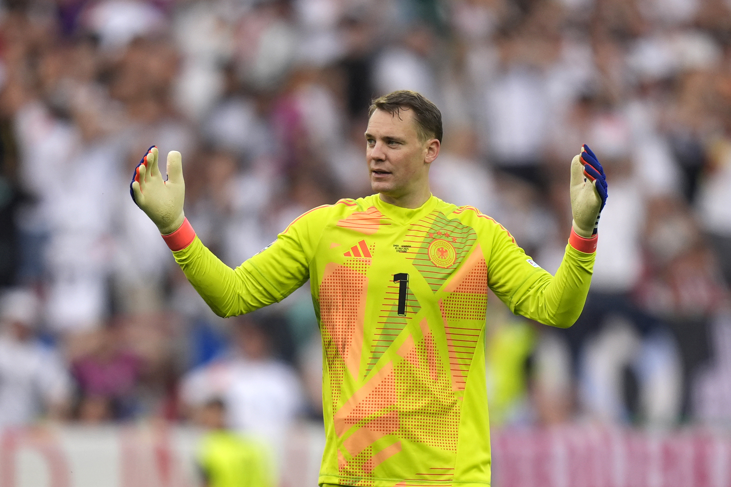 FILE - Germany's goalkeeper Manuel Neuer reacts during a quarter final match between Germany and Spain at the Euro 2024 soccer tournament in Stuttgart, Germany, Friday, July 5, 2024.