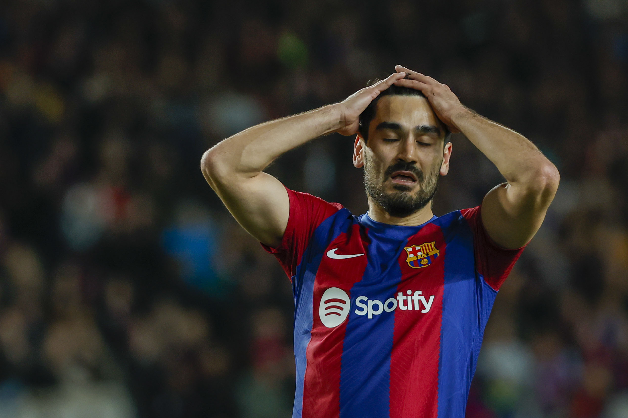 FILE - Barcelona's Ilkay Gundogan reacts after missing a chance to score during a Spanish La Liga soccer match between Barcelona and Mallorca at the Olimpic Lluis Companys stadium in Barcelona, Spain, Friday, March 8, 2024. 