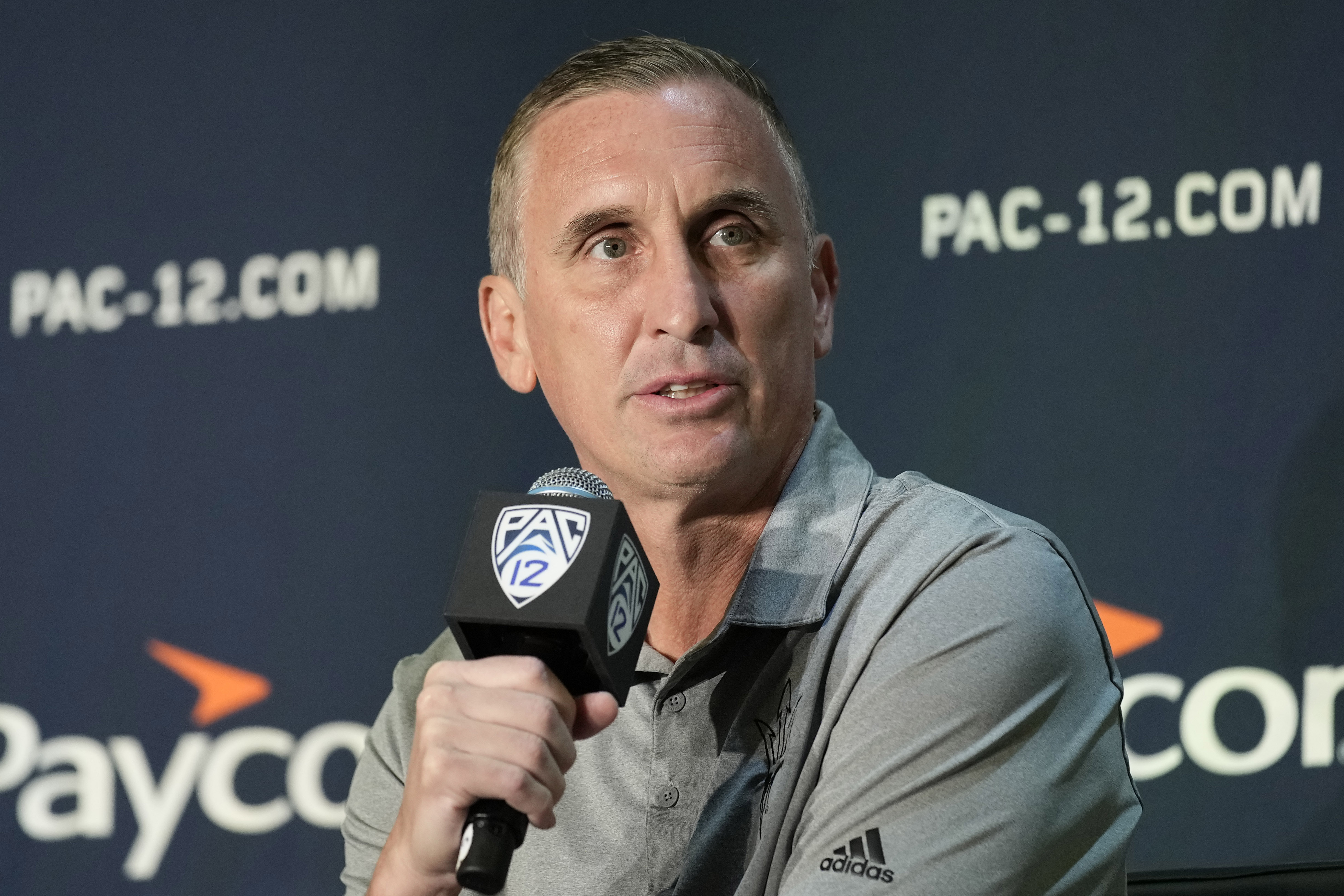 FILE - Arizona State head coach Bobby Hurley speaks during a news conference at the Pac-12 Conference NCAA college basketball media day, Oct. 11, 2023, in Las Vegas. 