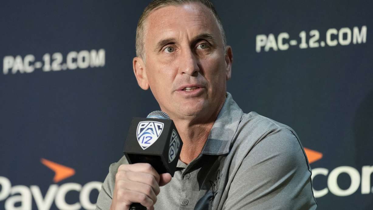 FILE - Arizona State head coach Bobby Hurley speaks during a news conference at the Pac-12 Conference NCAA college basketball media day, Oct. 11, 2023, in Las Vegas.