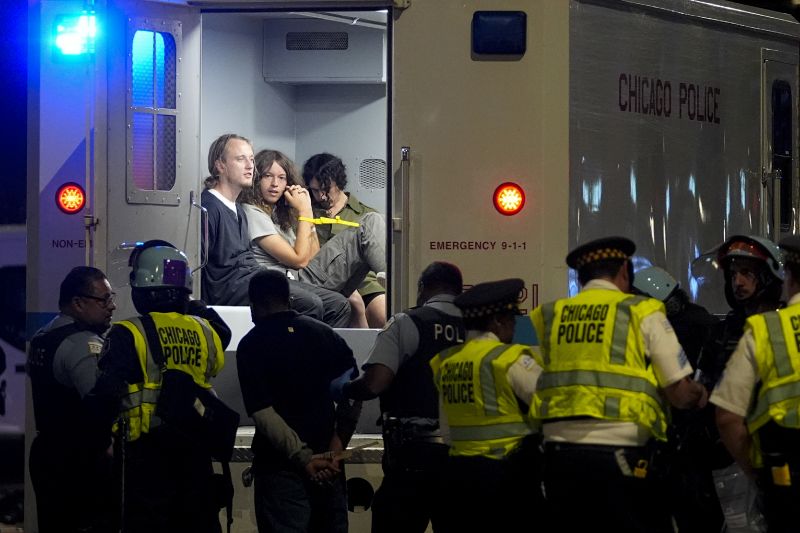 Demonstrators are taken into custody by police near the Israeli Consulate during the Democratic National Tuesday, in Chicago.