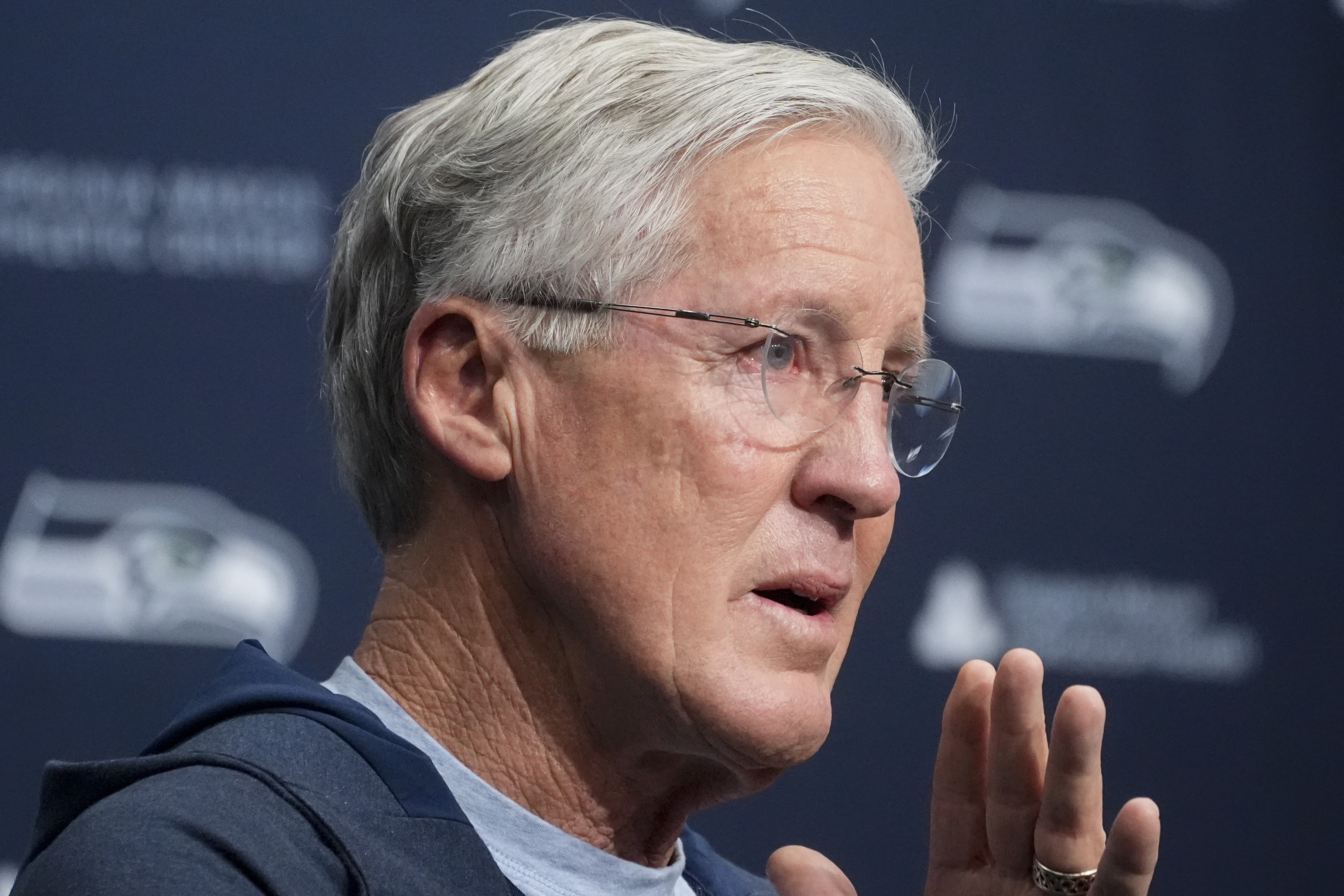 FILE - Former Seattle Seahawks head coach Pete Carroll becomes emotional as he speaks during a media availability after it was announced he will not return as head coach next season, Jan. 10, 2024, at the NFL football team's headquarters in Renton, Wash. 