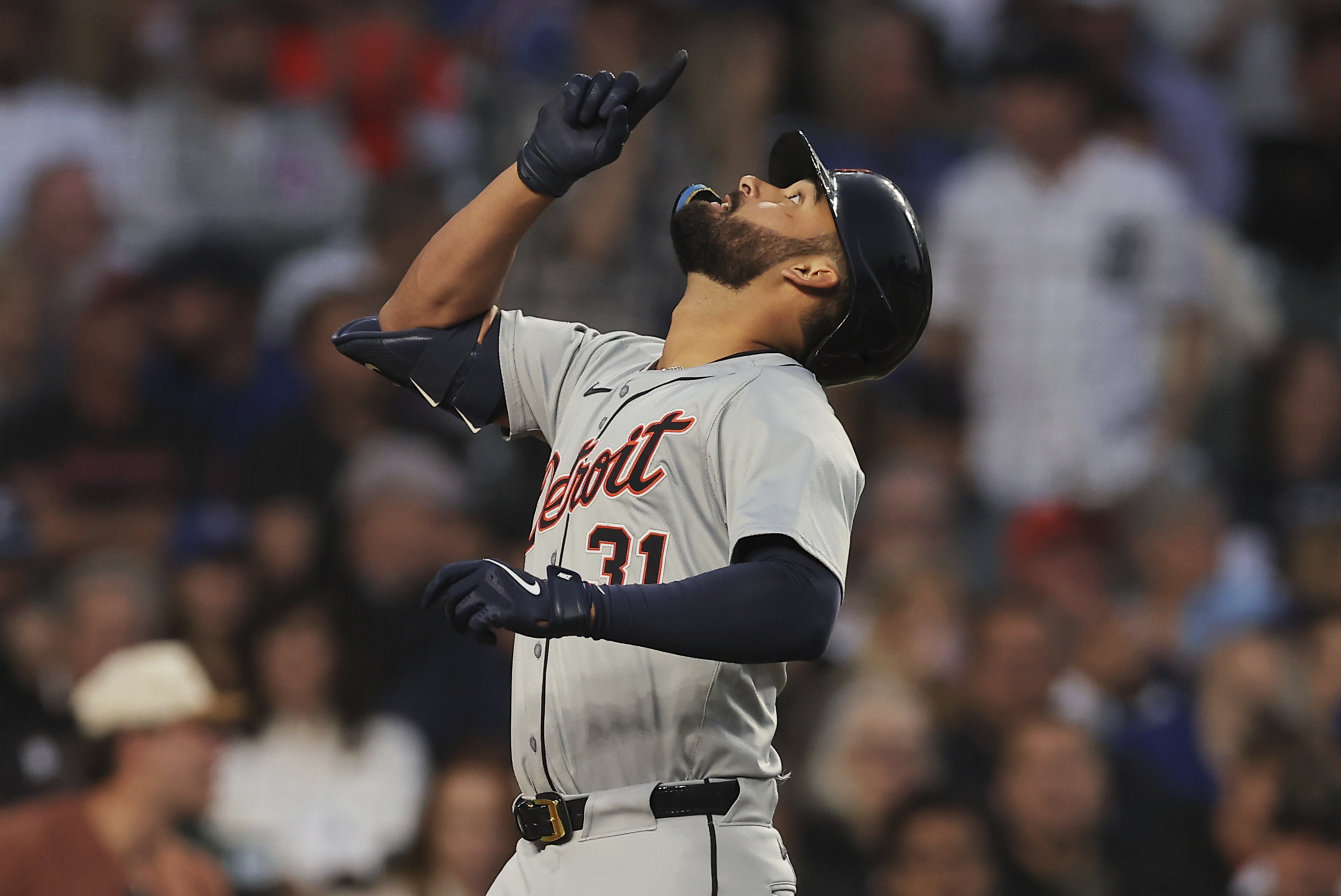 Detroit Tigers' Riley Greene hits a two-run home run during the second inning of a baseball game against the Chicago Cubs, Wednesday, Aug. 21, 2024, in Chicago. 