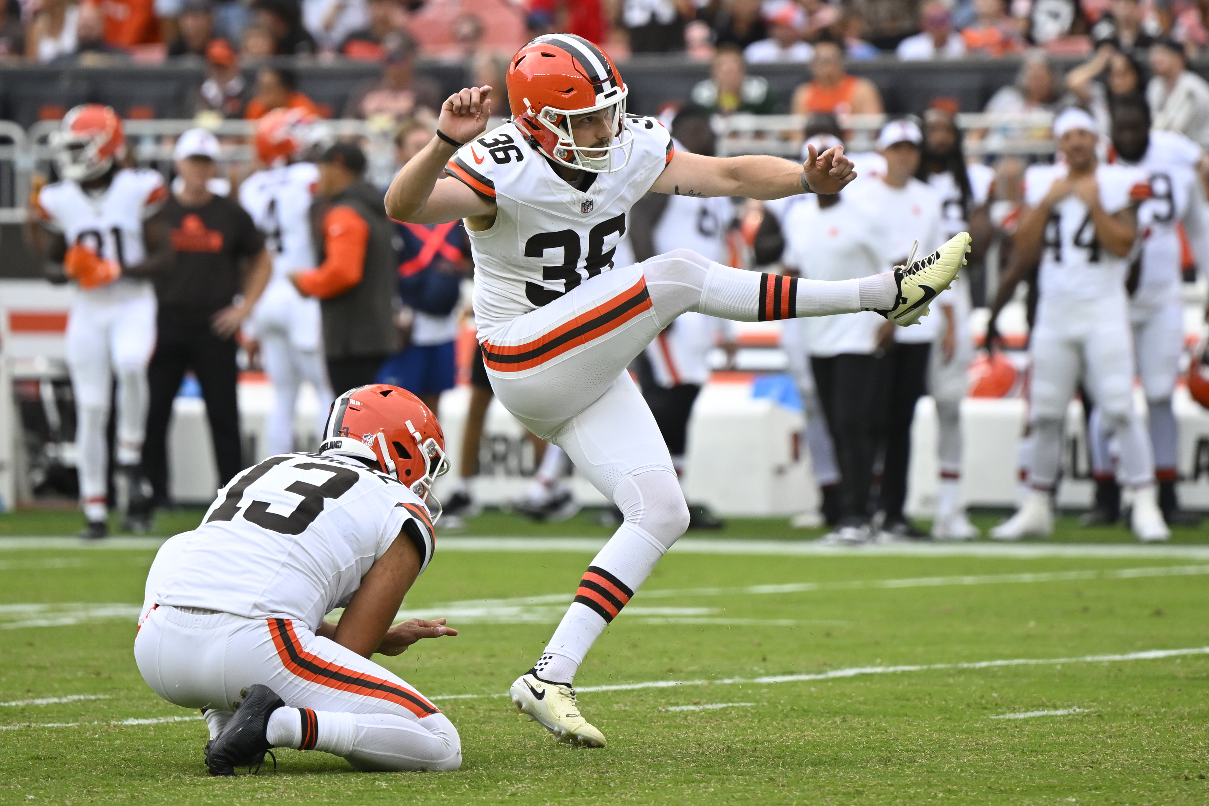 Cleveland Browns place kicker Cade York (36) kicks an extra point during an NFL preseason football game against the Green Bay Packers, Saturday, Aug. 10, 2024, in Cleveland. 