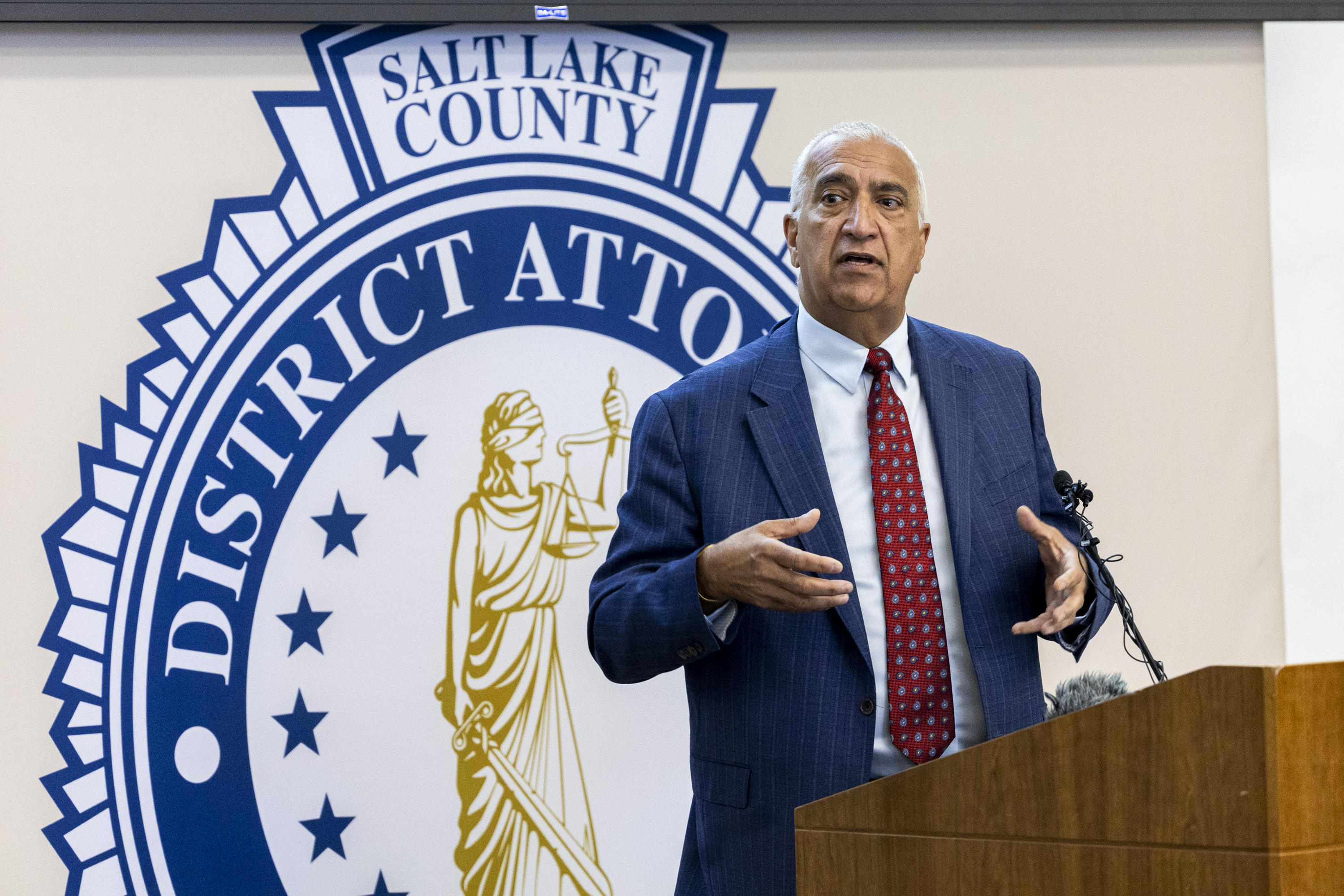 Salt Lake County District Attorney Sim Gill speaks during a press conference on Aug. 22. Gill determined a Unified police officer was legally justified in shooting and killing a man who was holding a gun to a 15-year-old girl's head and threatening to kill her in Millcreek in May.