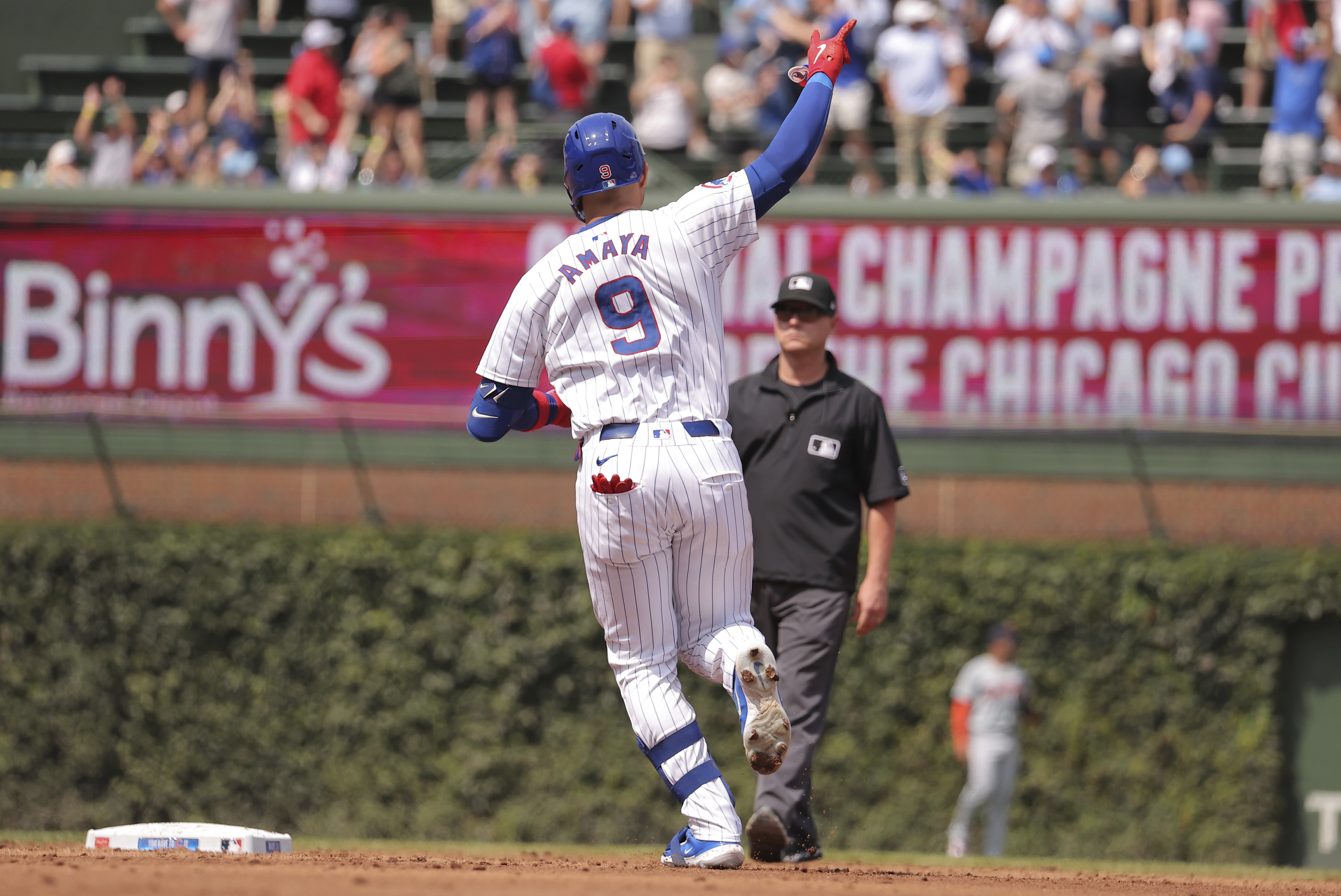 Chicago Cubs' Miguel Amaya celebrates his grand slam during the second inning against the Detroit Tigers, Thursday, Aug. 22, 2024, in Chicago. 