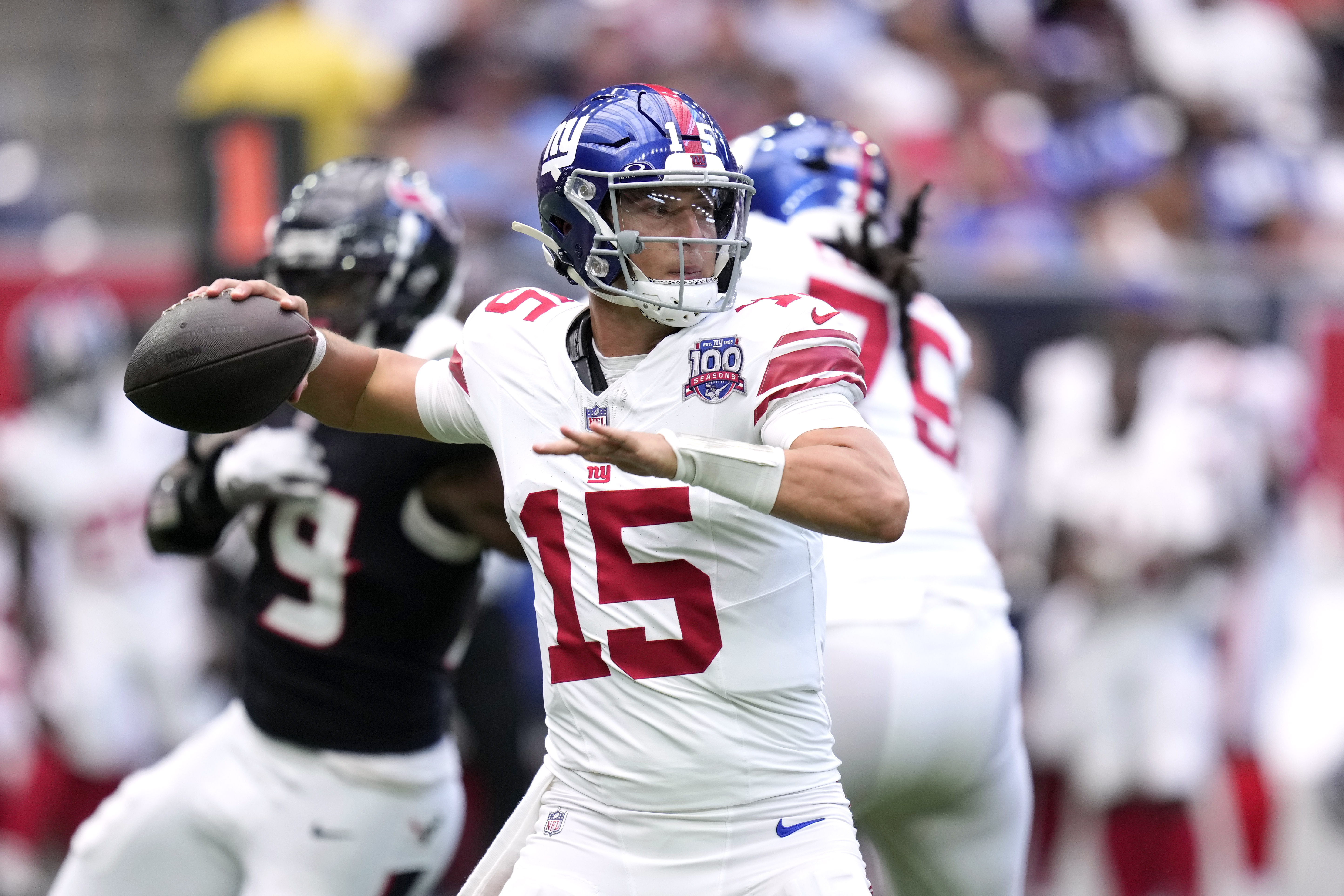 New York Giants quarterback Tommy DeVito (15) throws a pass in the second half of a preseason NFL football game against the Houston Texans, Saturday, Aug. 17, 2024, in Houston.