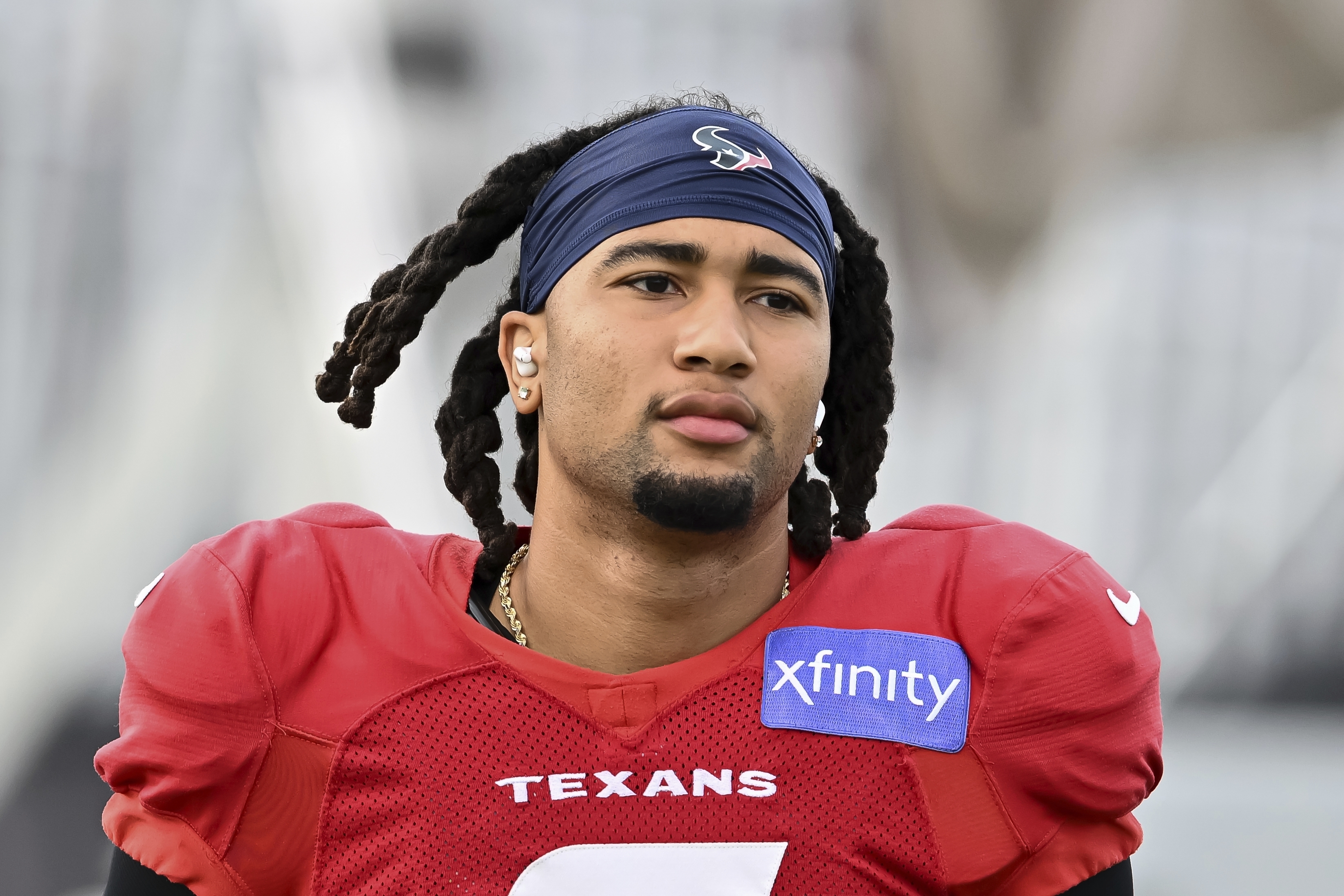 Houston Texans quarterback C.J. Stroud looks on during an NFL football preseason joint practice against the Los Angeles Rams, Thursday, Aug 22, 2024, in Houston. 