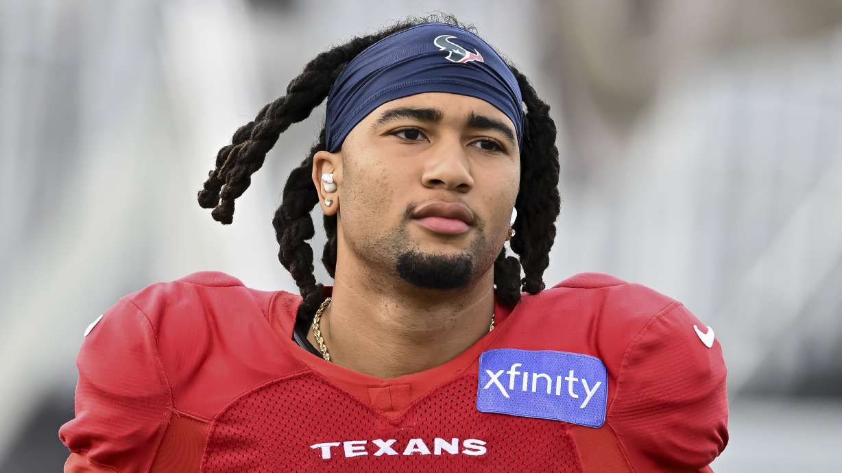 Houston Texans quarterback C.J. Stroud looks on during an NFL football preseason joint practice against the Los Angeles Rams, Thursday, Aug 22, 2024, in Houston.