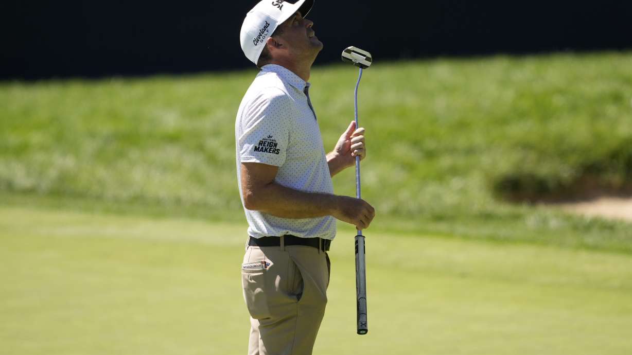 Keegan Bradley looks upward after his shot on the 14th green during the first round of the BMW Championship golf event at Castle Pines Golf Club, Thursday, Aug. 22, 2024, in Castle Rock, Colo.