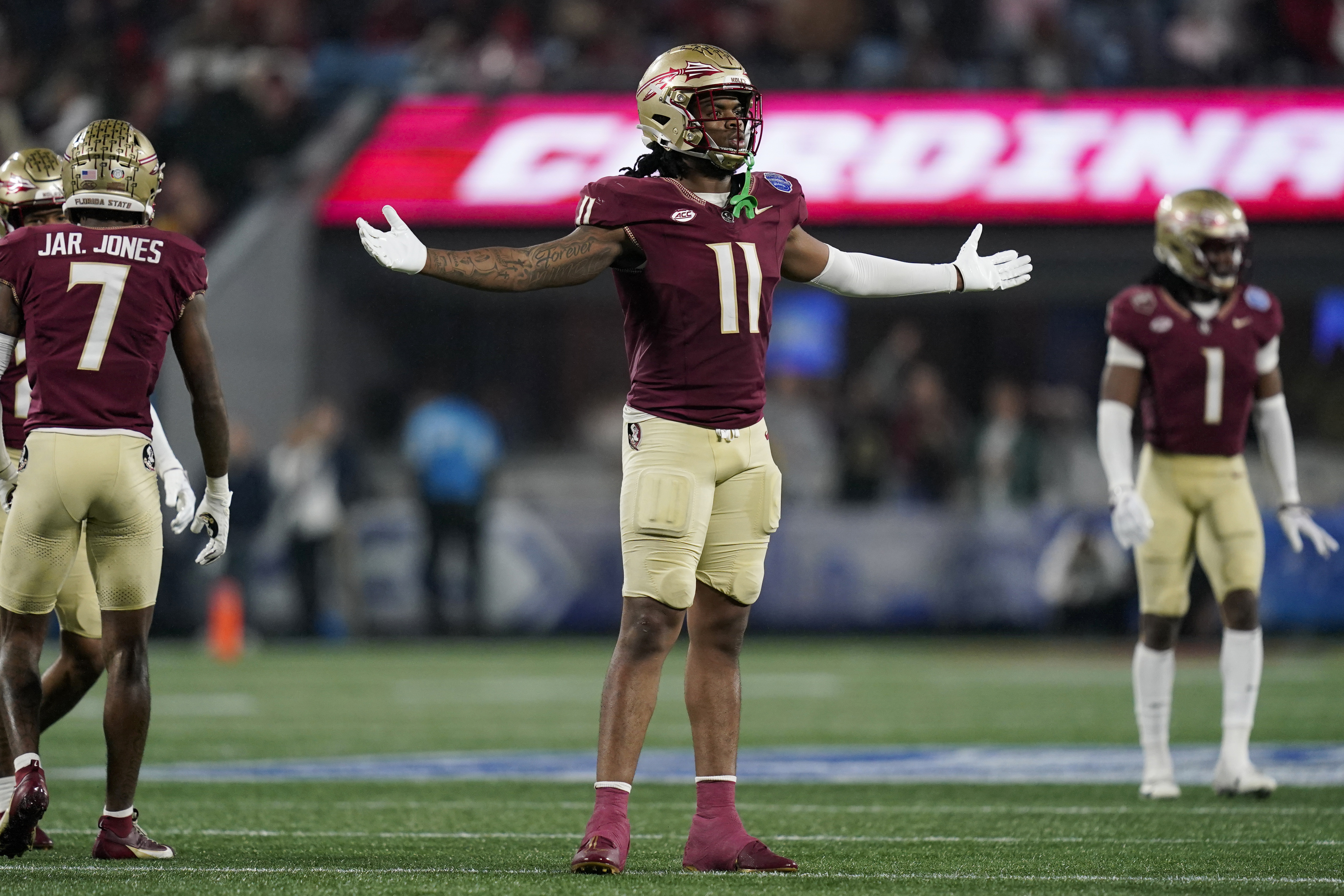 FILE - Florida State defensive lineman Patrick Payton reacts after a play during the second half of the team's Atlantic Coast Conference championship NCAA college football game against Louisville, Saturday, Dec. 2, 2023, in Charlotte, N.C.