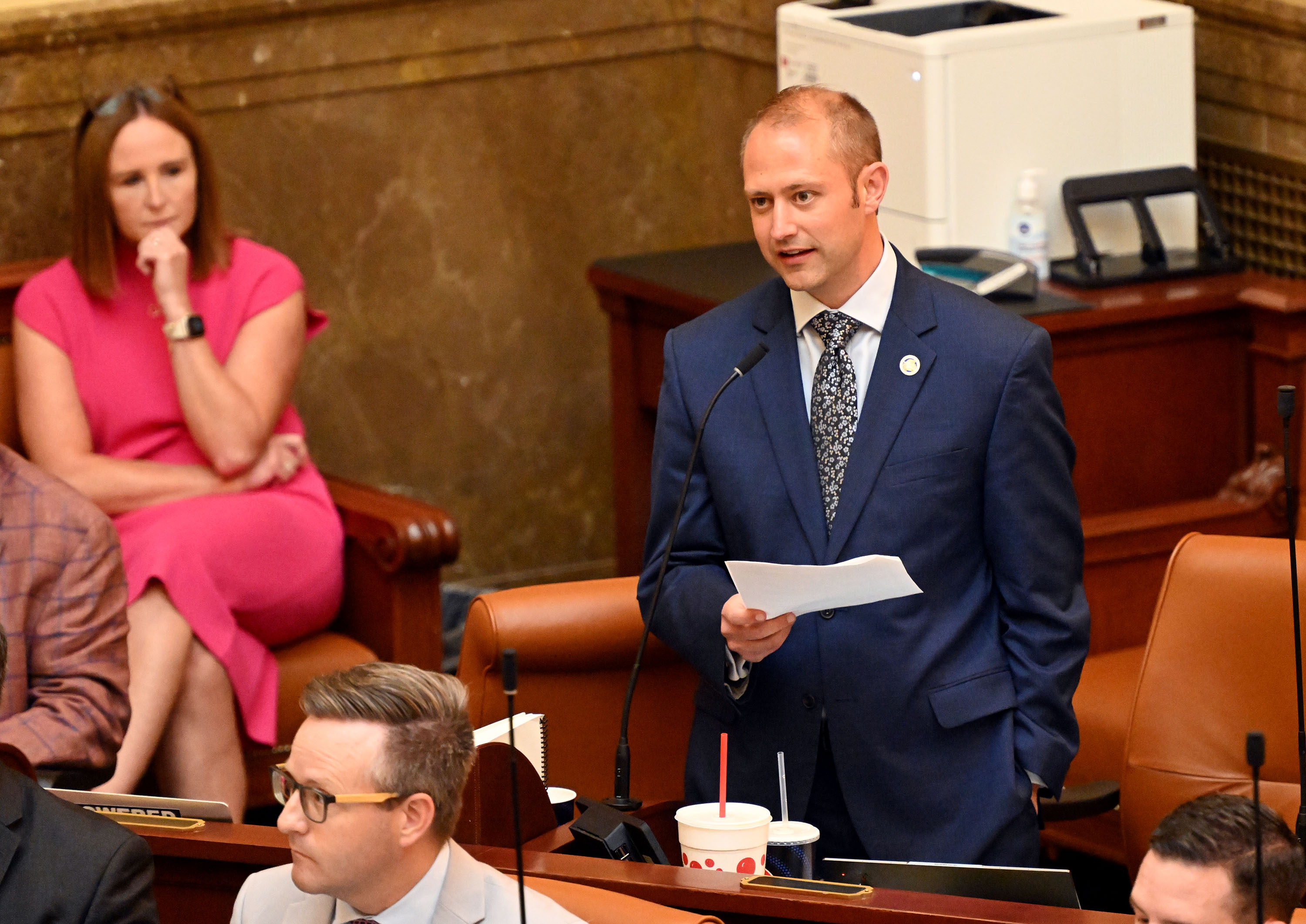 Rep. Jordan Teuscher, R-South Jordan, speaks in the House during a special session to consider a constitutional amendment proposal at the Capitol in Salt Lake City on Wednesday.