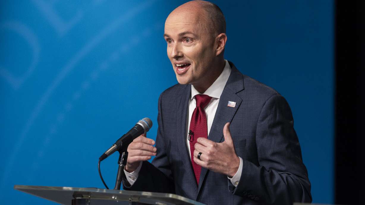 Gov. Spencer Cox speaks during Utah’s gubernatorial GOP primary debate on June 11. Cox on Thursday signed two bills related to the ballot initiative process but remained silent on a proposed constitutional amendment related to citizen-led initiatives.