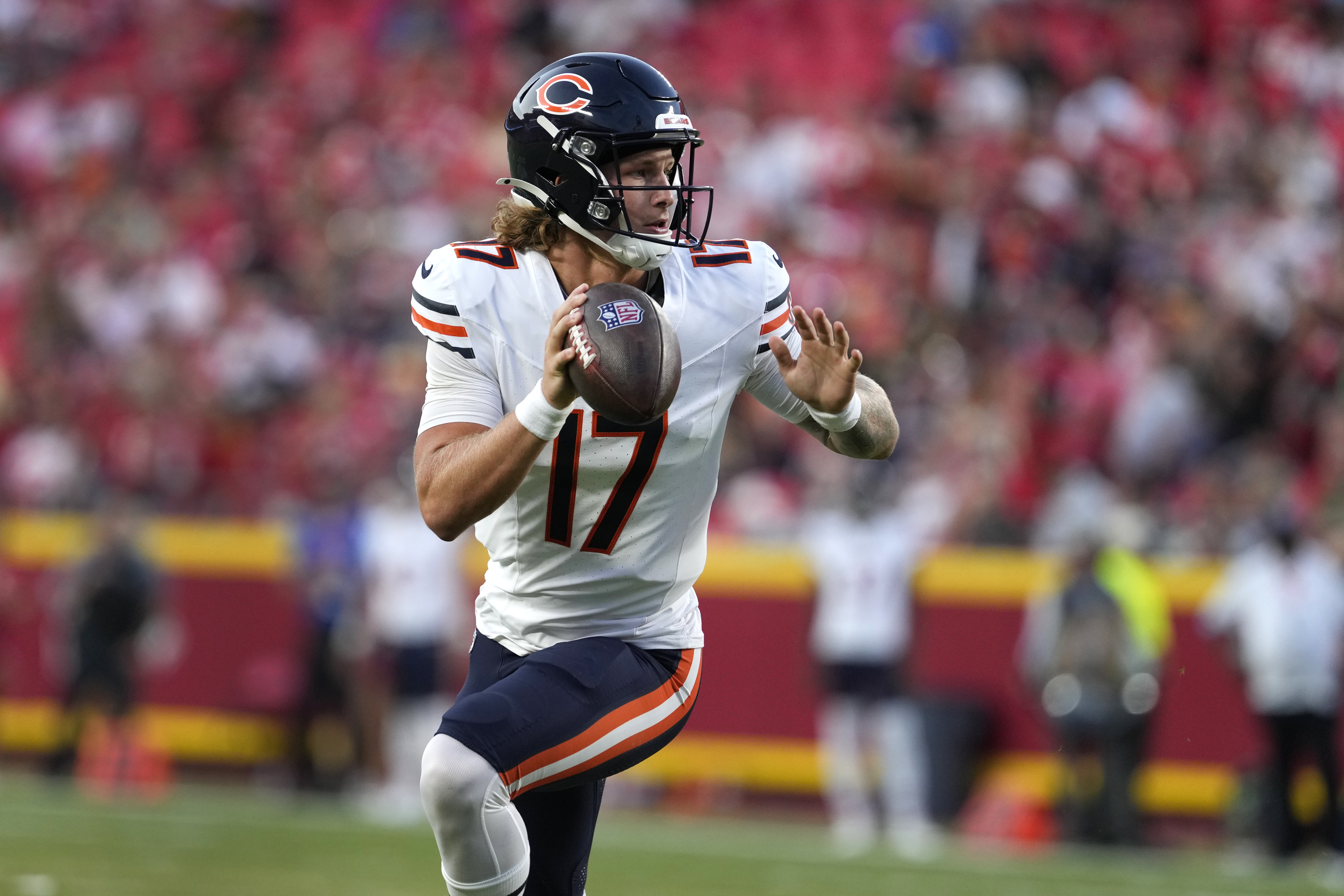 Chicago Bears quarterback Tyson Bagent scores on a touchdown run during the first half of an NFL preseason football game against the Kansas City Chiefs Thursday, Aug. 22, 2024, in Kansas City, Mo. 