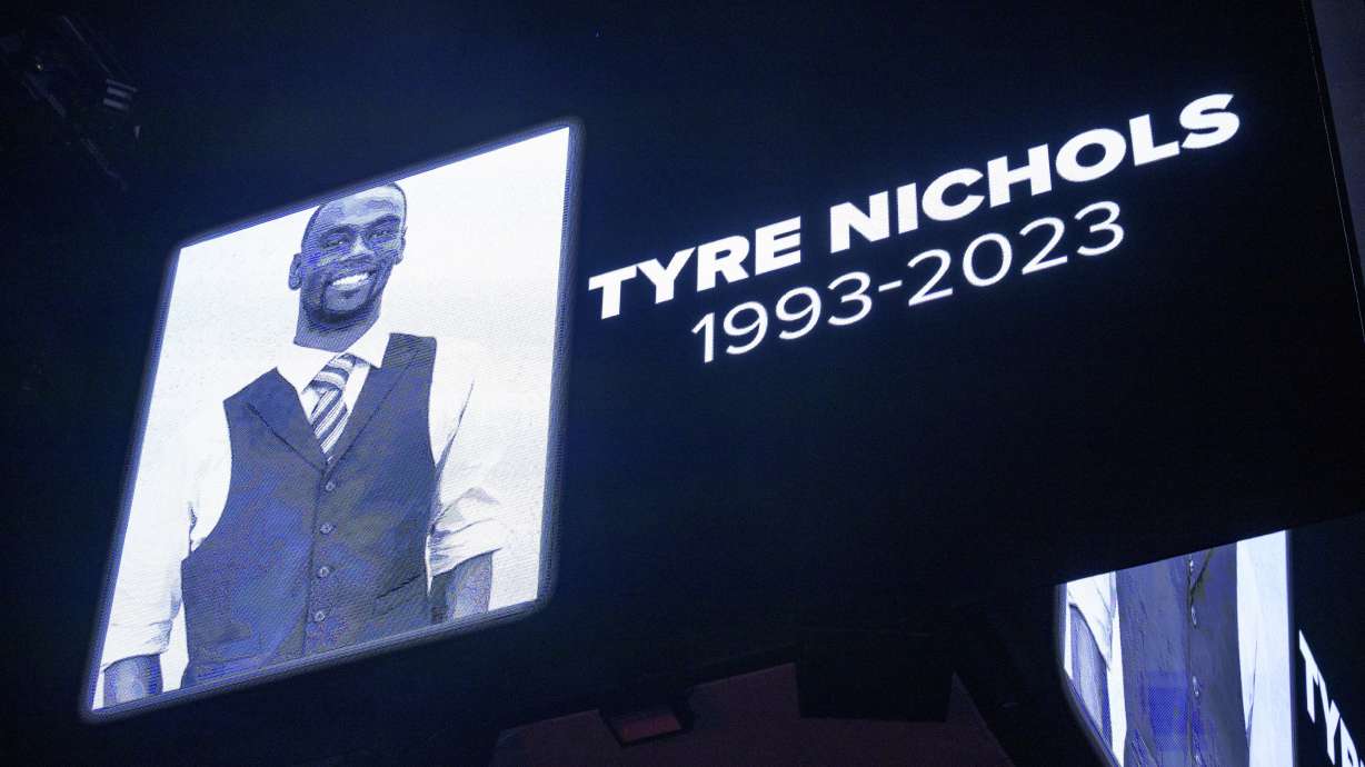 The screen at the Smoothie King Center in New Orleans honors Tyre Nichols before an NBA basketball game, Jan. 28, 2023. A second former Memphis police officer has pleaded guilty to civil rights violations in the 2023 fatal beating of Nichols.