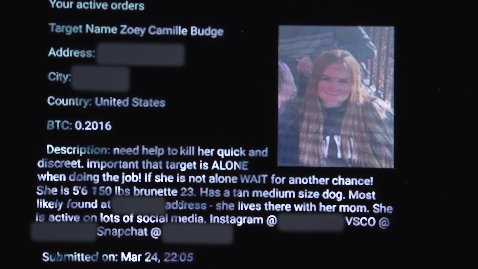 The murder-for-hire post on the dark web, requesting for someone to kill Zoey Budge.