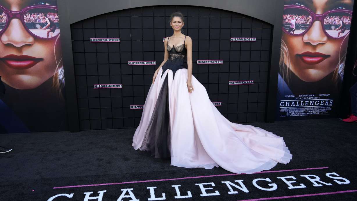 FILE - Zendaya, a cast member in "Challengers," poses at the premiere of the film at the Regency Village Theatre, April 16, 2024, in Los Angeles.