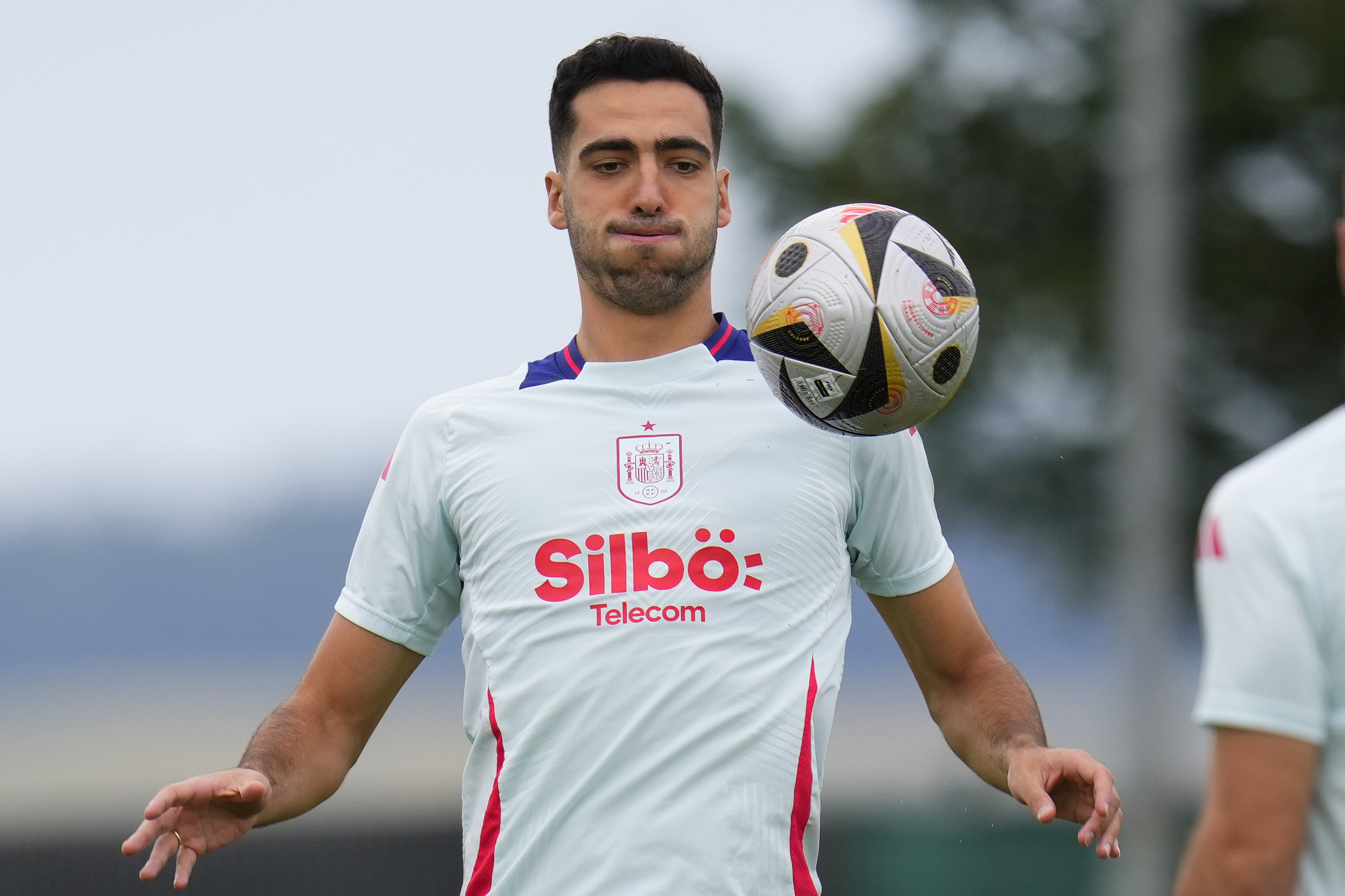 FILE - Spain's Mikel Merino controls the ball during a training session ahead of Sunday's Euro 2024, final soccer match in Donaueschingen, Germany, Wednesday, July 10, 2024. 