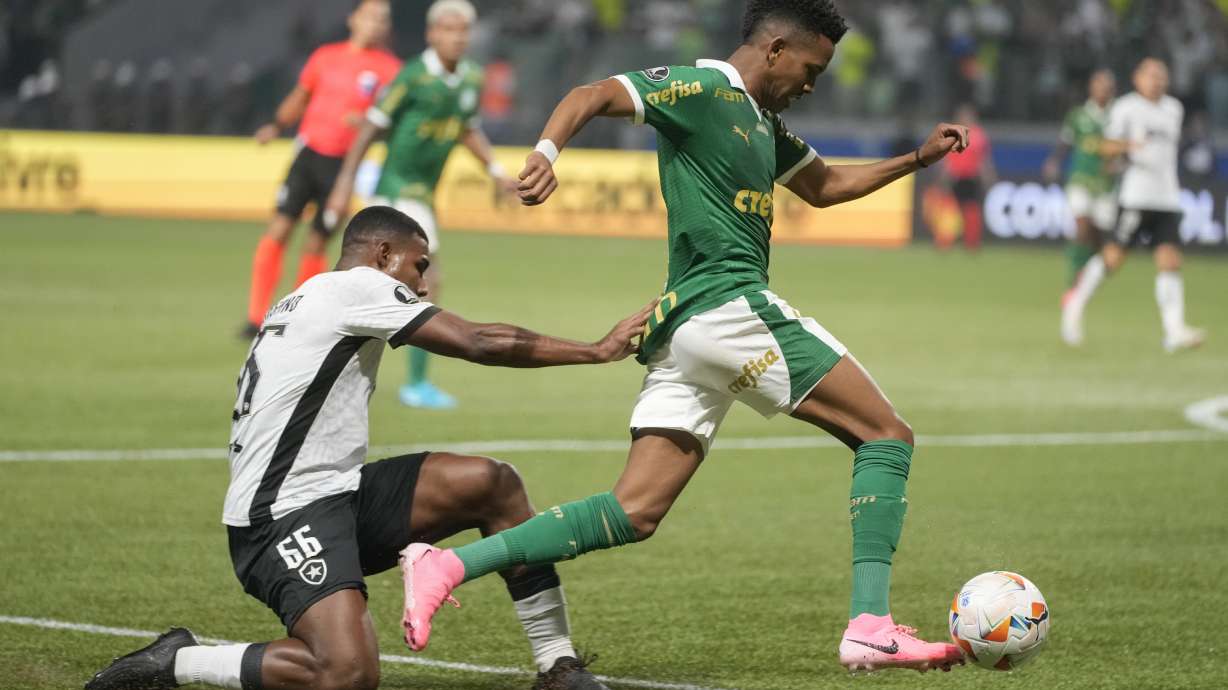 Estevao Willian of Brazil's Palmeiras, right, is challenged by Cuiabano of Brazil's Botafogo during a Copa Libertadores round of 16 second leg soccer match at Allianz Parque stadium in Sao Paulo, Wednesday, Aug. 21, 2024.