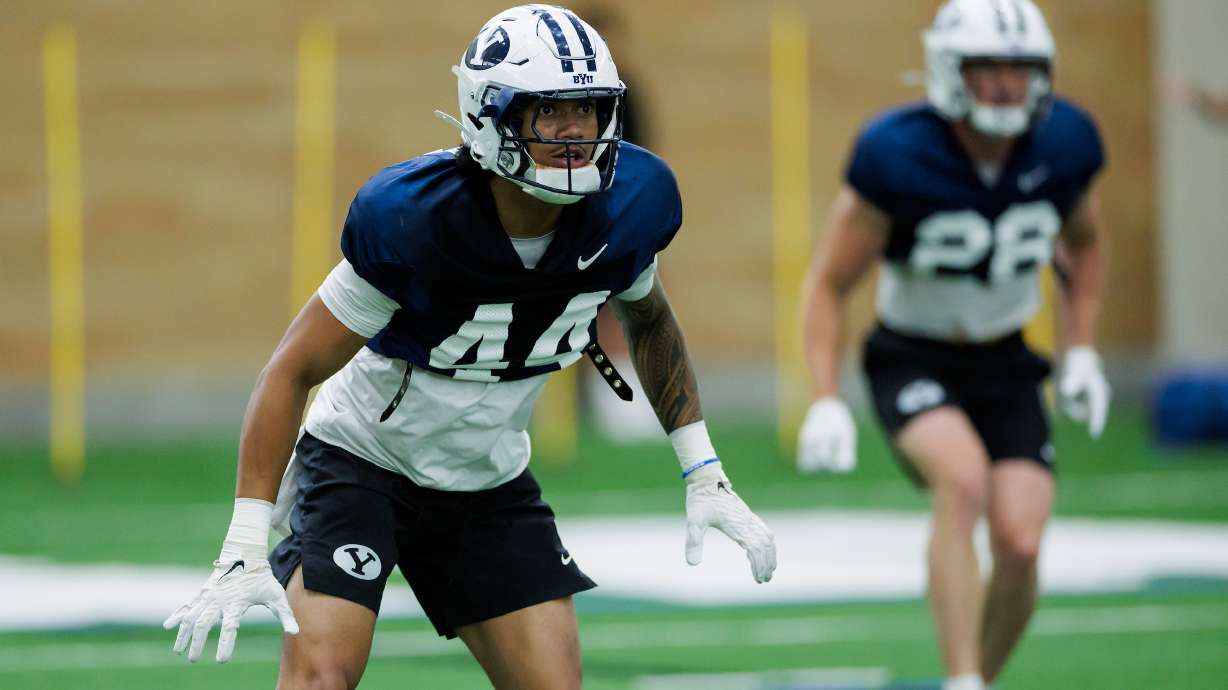 BYU freshman Ephraim Asiata during training camp, August 12, 2024, at BYU's Indoor Practice Facility in Provo.