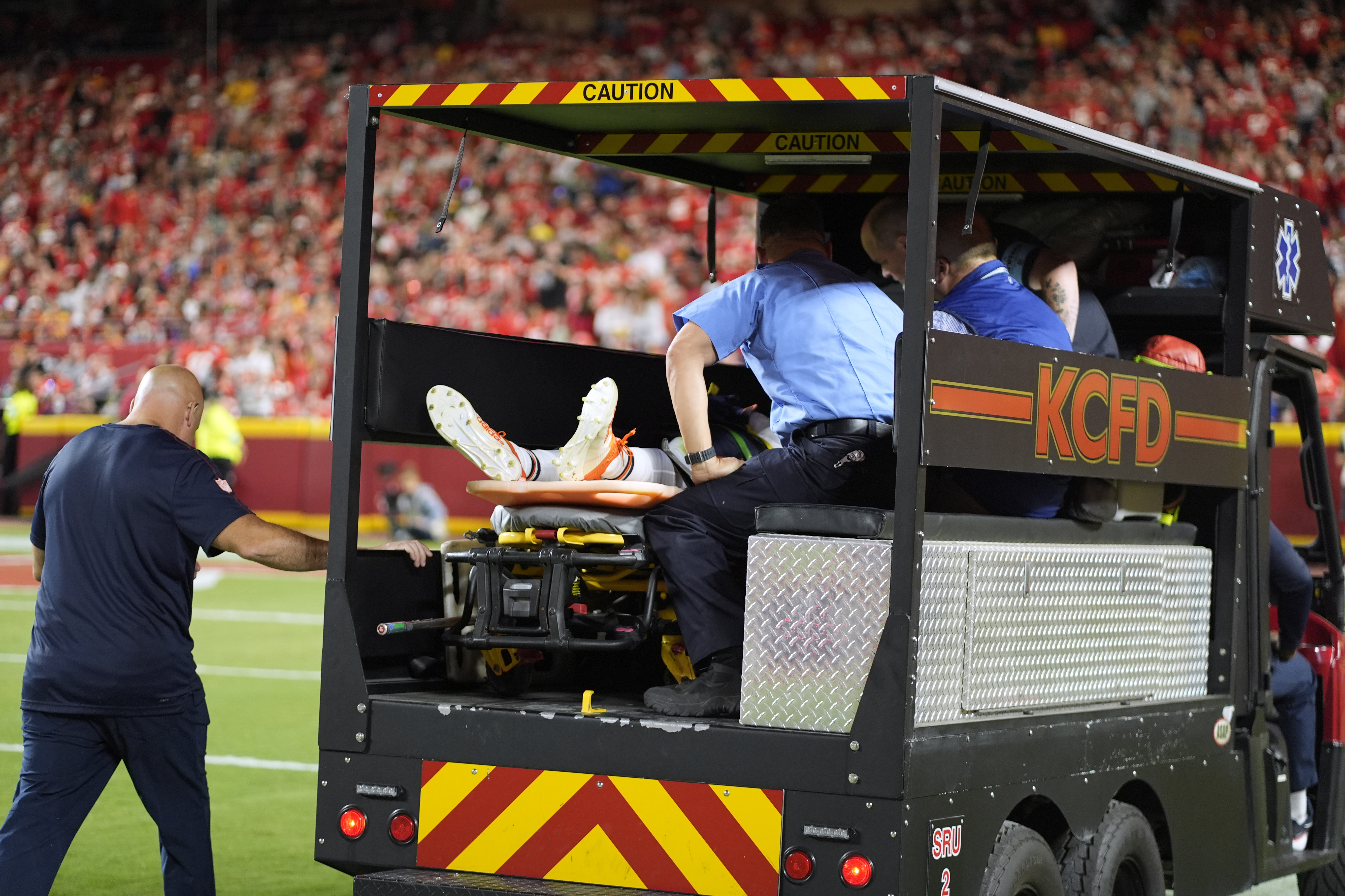 Chicago Bears defensive back Douglas Coleman III is taken off the field on a cart after being injured during the second half of an NFL preseason football game against the Kansas City Chiefs Thursday, Aug. 22, 2024, in Kansas City, Mo. 