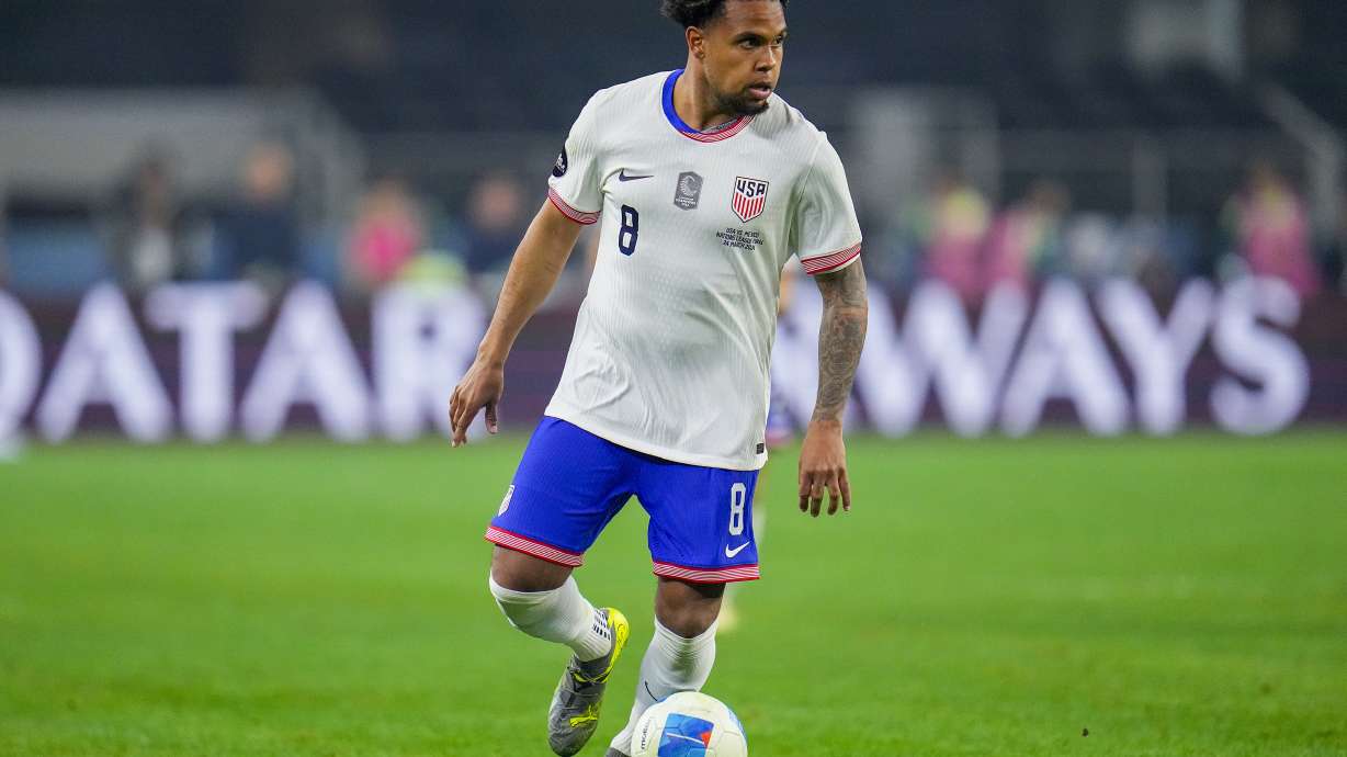 FILE - United States' Weston McKennie controls the ball during a CONCACAF Nations League championship soccer match against Mexico, March 24, 2024, in Arlington, Texas.