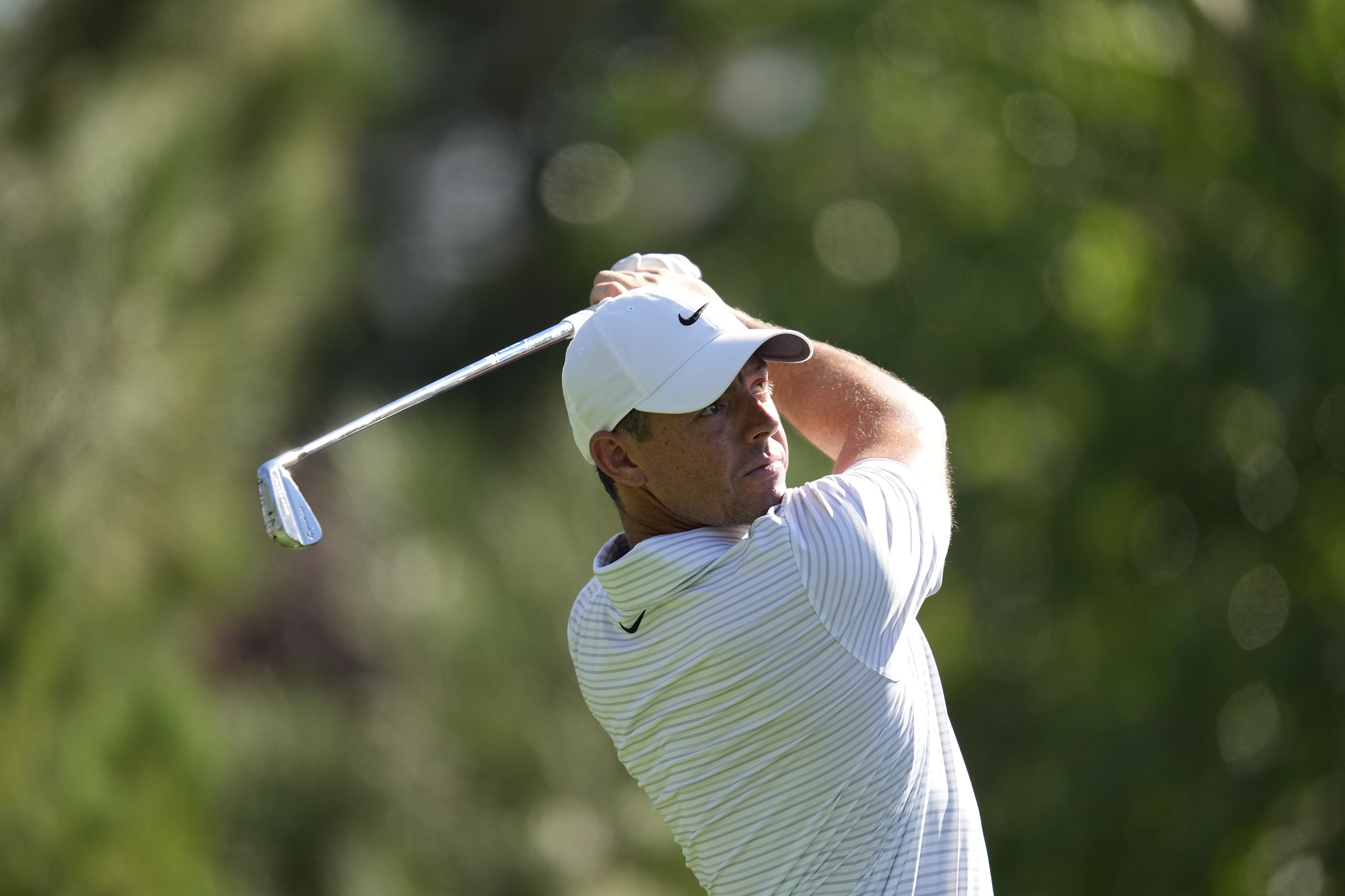 Rory McIlroy of Northern Ireland tees off on the fourth hole during the second round of the BMW Championship golf tournament at Castle Pines Golf Club, Friday, Aug. 23, 2024, in Castle Rock, Colo.