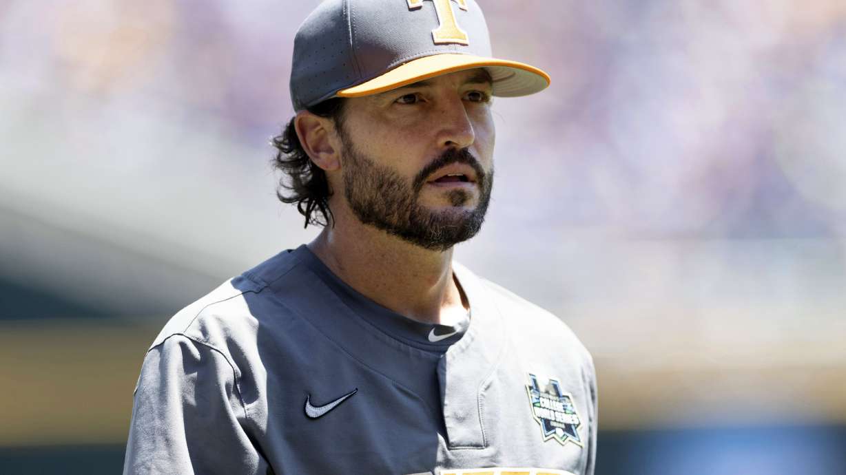 FILE - Tennessee head coach Tony Vitello looks on during a baseball game against Stanford at the NCAA College World Series in Omaha, Neb., June 19, 2023.