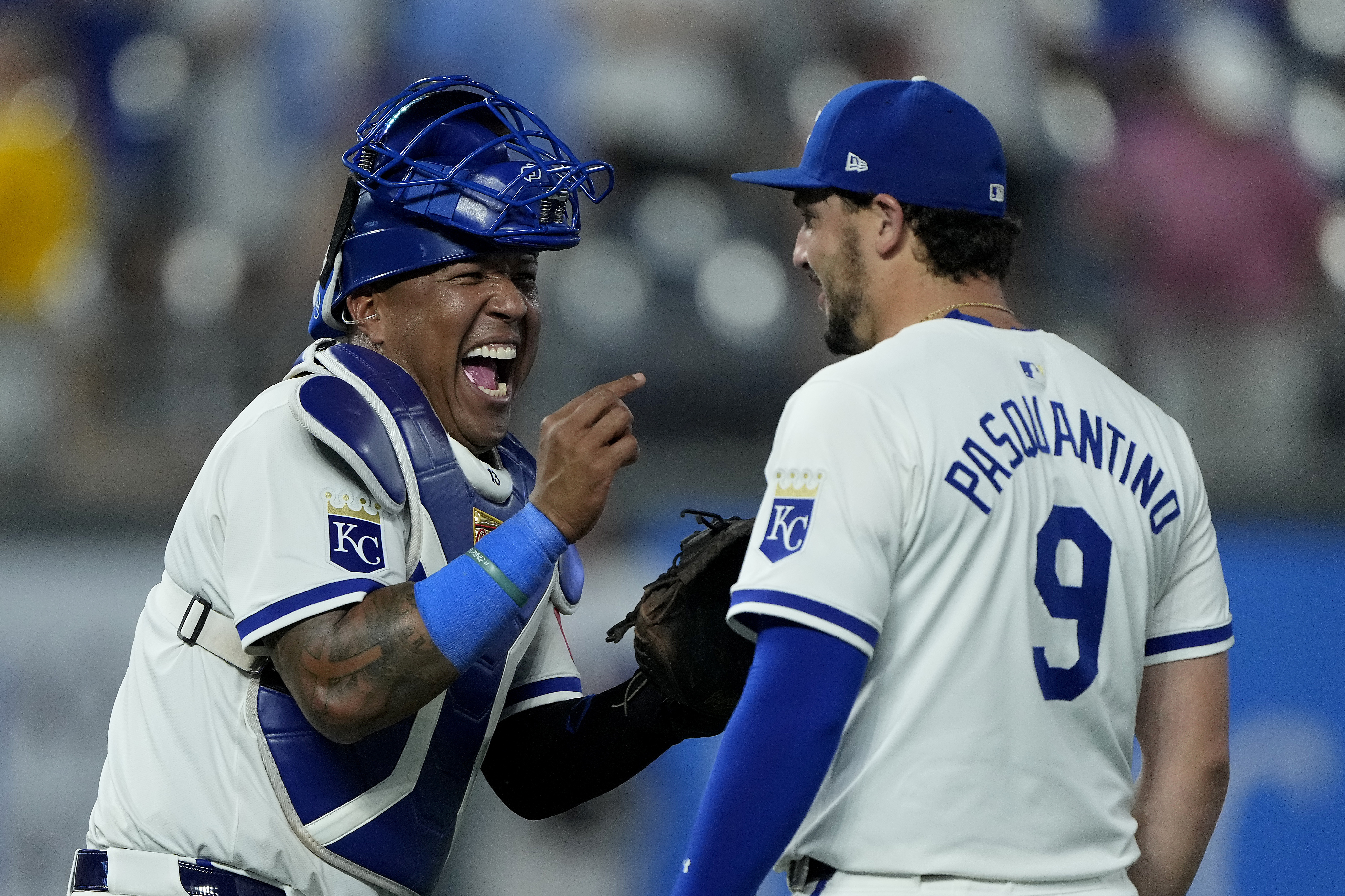 Kansas City Royals' Salvador Perez, left, celebrates with Vinnie Pasquantino (9) during after their baseball game against the Los Angeles Angels Monday, Aug. 19, 2024, in Kansas City, Mo. The Royals won 5-3. 