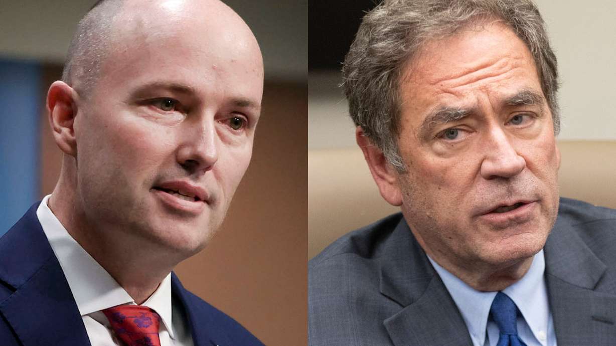 Gov. Spencer Cox at the PBS monthly news conference at the Eccles Broadcast Center in Salt Lake City on Feb. 15. Democratic state Rep. and gubernatorial candidate Brian King, right, at the Deseret News office in Salt Lake City on Aug. 5.