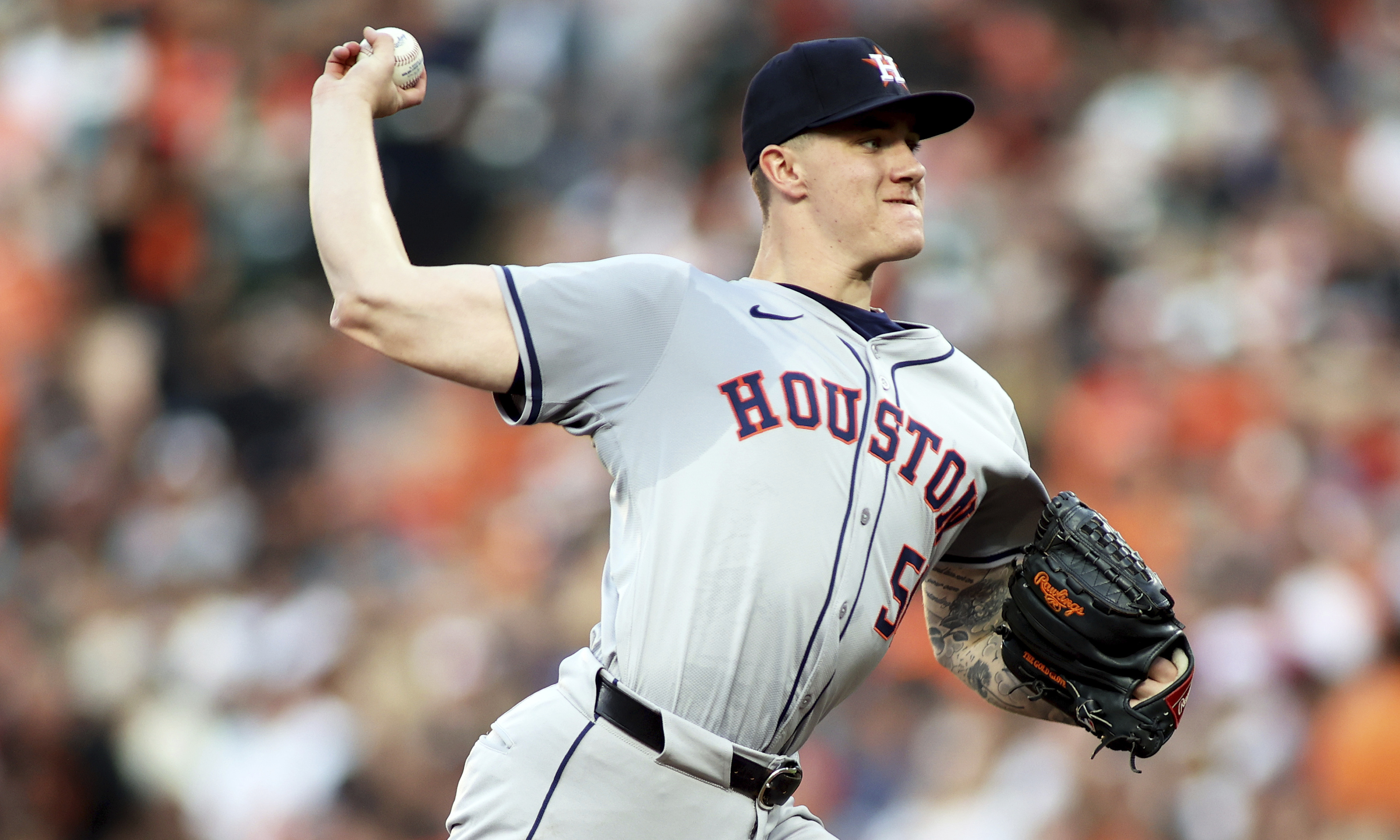 Houston Astros pitcher Hunter Brown delivers during the third inning of a baseball game against the Baltimore Orioles, Friday, Aug. 23, 2024, in Baltimore. 