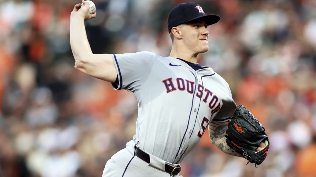 Houston Astros pitcher Hunter Brown delivers during the third inning of a baseball game against the Baltimore Orioles, Friday, Aug. 23, 2024, in Baltimore.