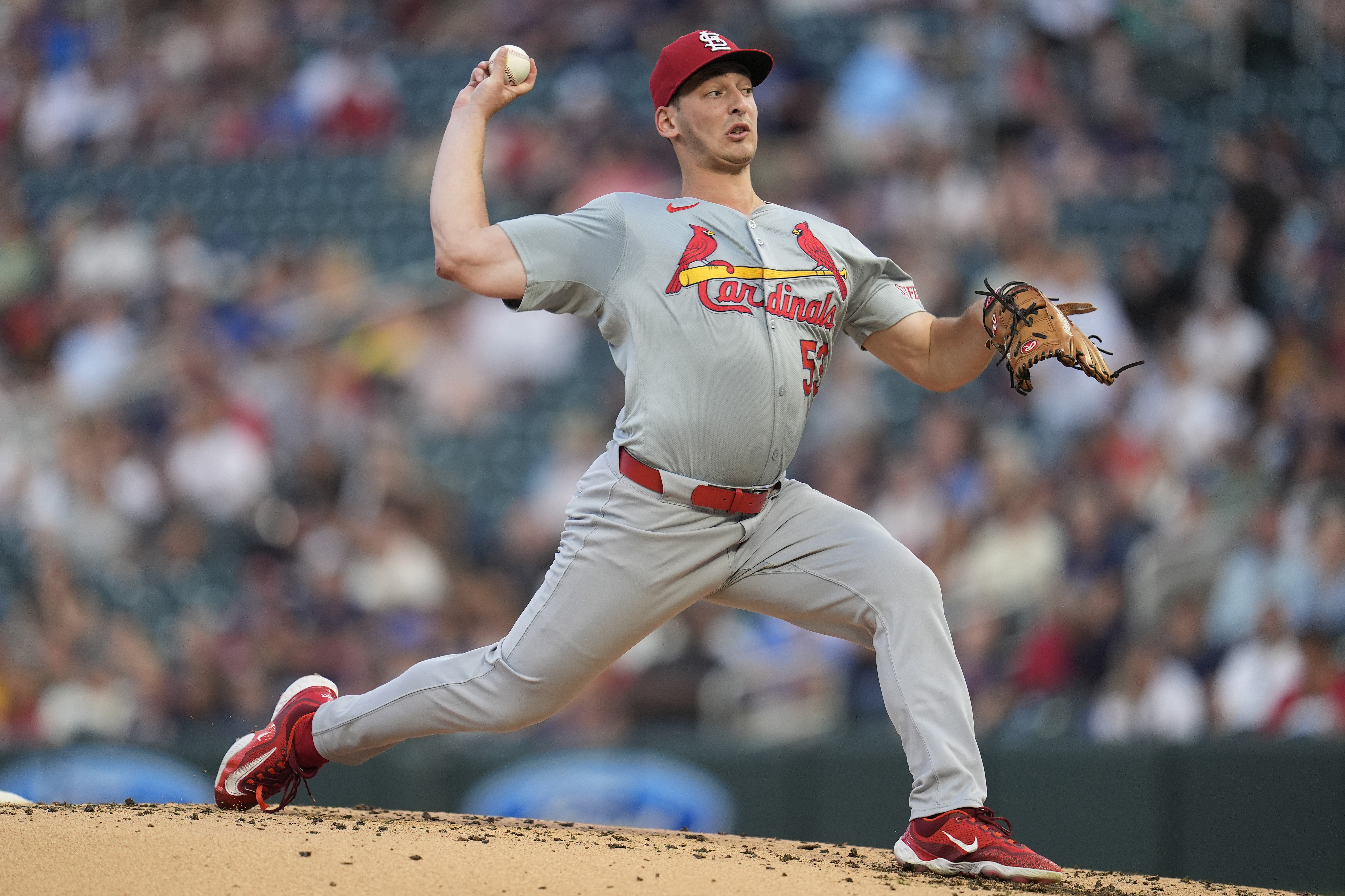St. Louis Cardinals starting pitcher Andre Pallante delivers during the second inning of a baseball game against the Minnesota Twins, Friday, Aug. 23, 2024, in Minneapolis. 