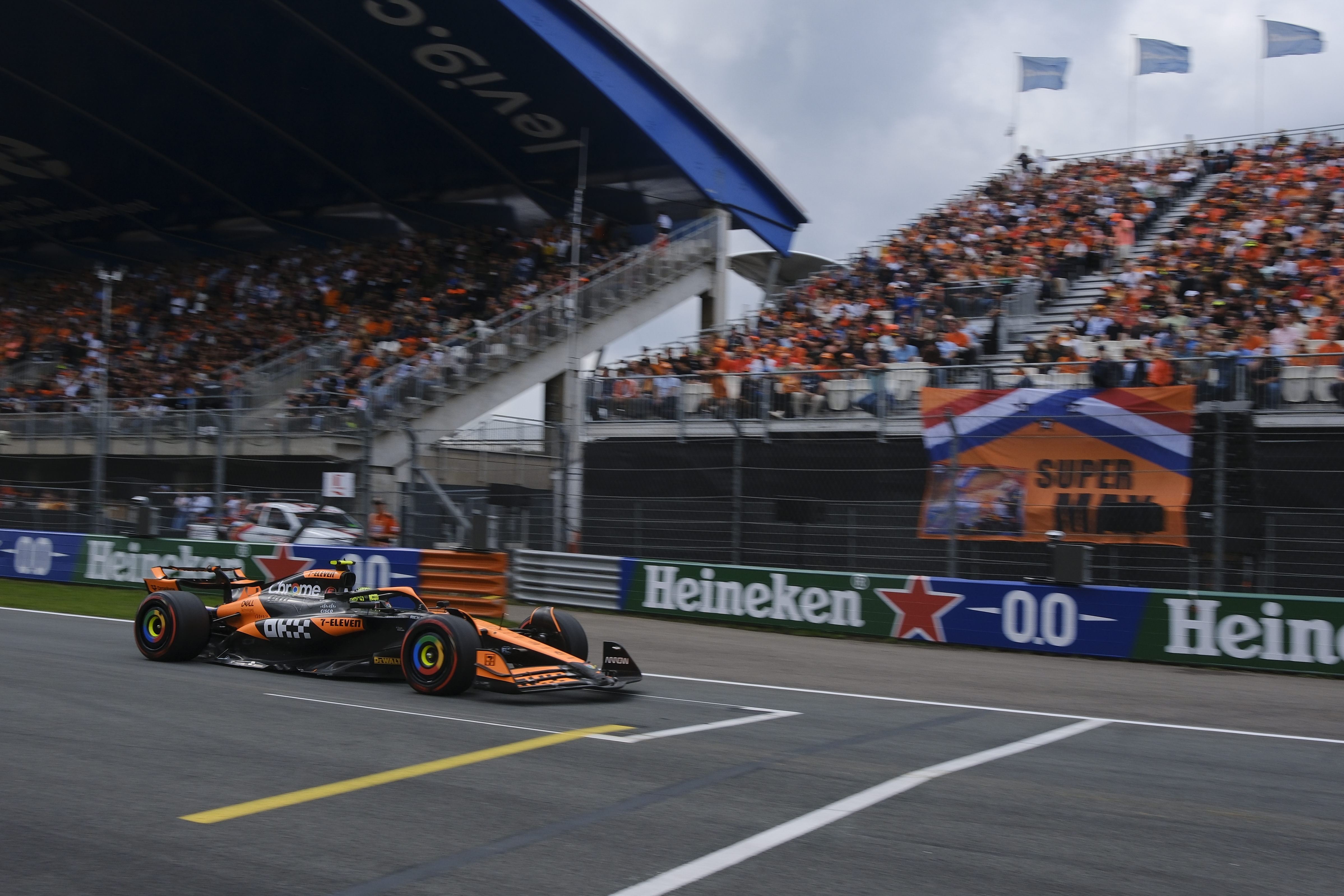 McLaren driver Lando Norris of Britain steers his car during qualifying session ahead of the Formula One Dutch Grand Prix race at the Zandvoort racetrack, Netherlands, Saturday, Aug. 24, 2024.