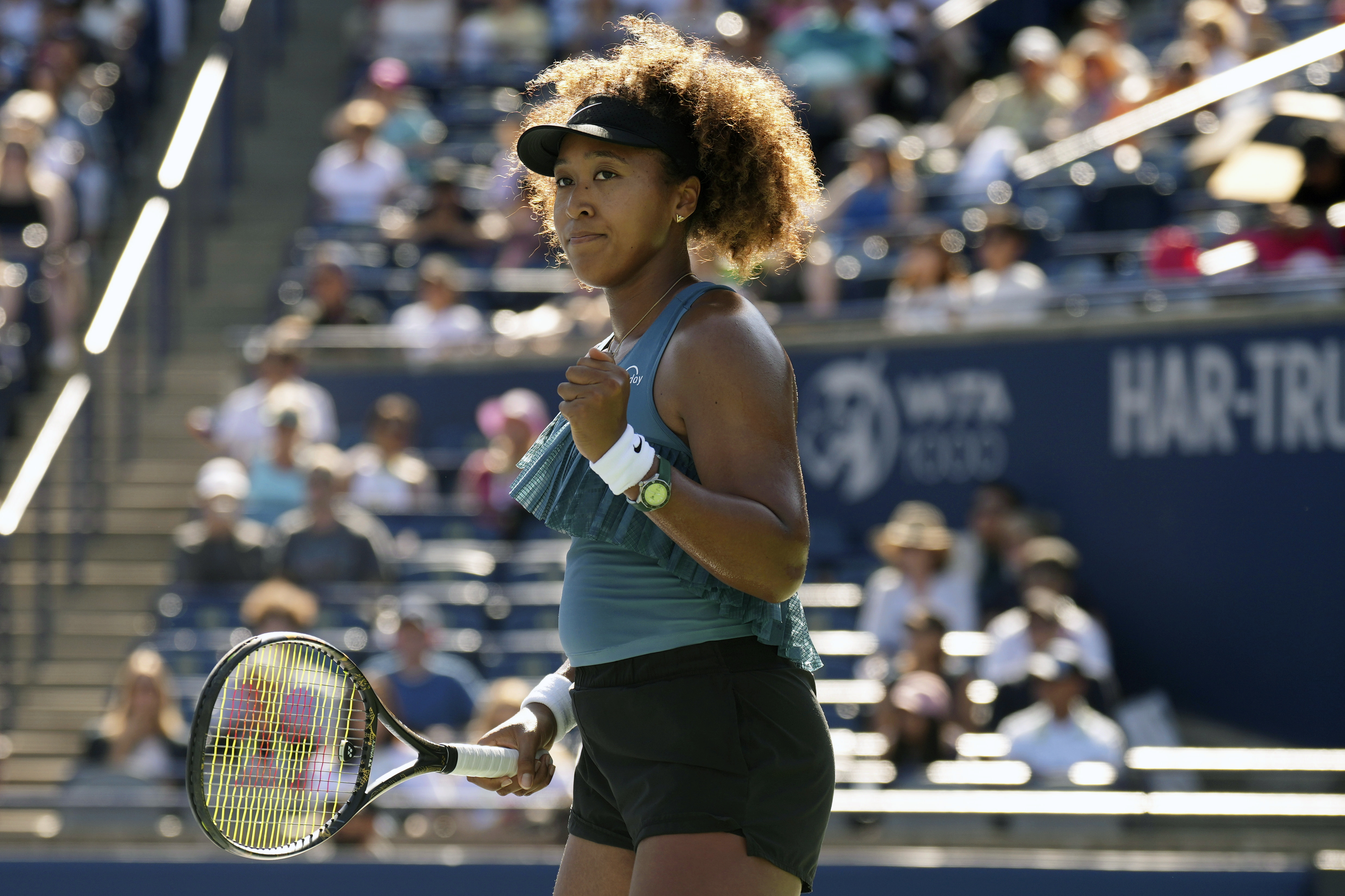Japan's Naomi Osaka celebrates a point during her win over Tunisia's Ons Jabeur at the National Bank Open in Toronto on Wednesday, August 7, 2024.