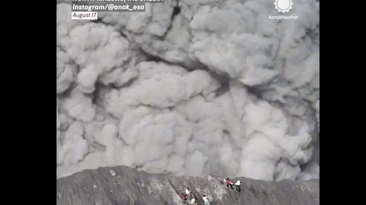 A government drone shows climbers fleeing from a volcanic eruption in Indonesia on Aug. 17.