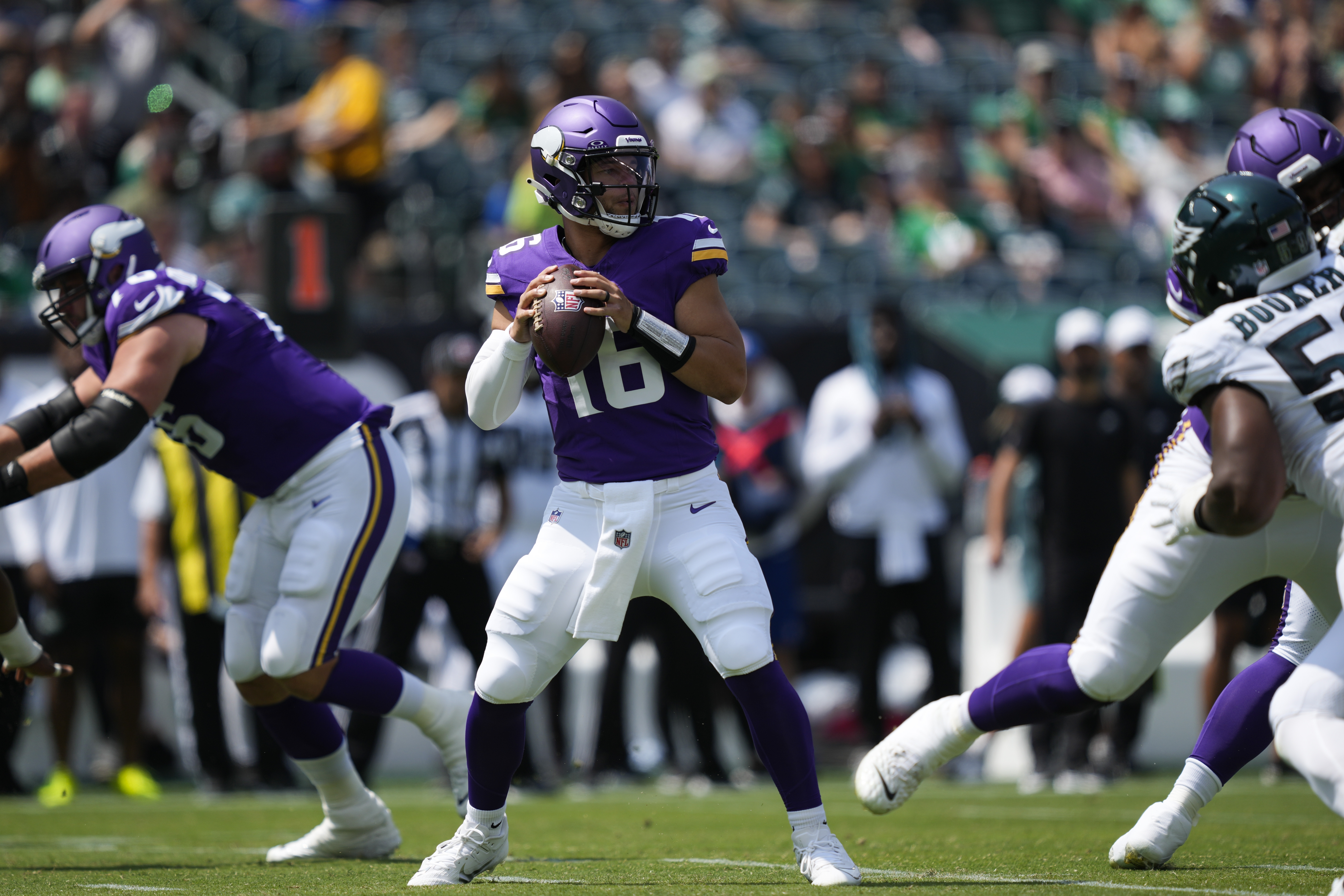 Minnesota Vikings quarterback Jaren Hall looks to pass during the first half of a preseason NFL football game against the Philadelphia Eagles on Saturday, Aug. 24, 2024, in Philadelphia. 