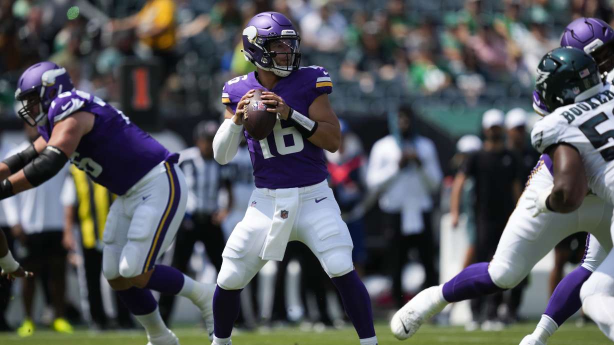 Minnesota Vikings quarterback Jaren Hall looks to pass during the first half of a preseason NFL football game against the Philadelphia Eagles on Saturday, Aug. 24, 2024, in Philadelphia.
