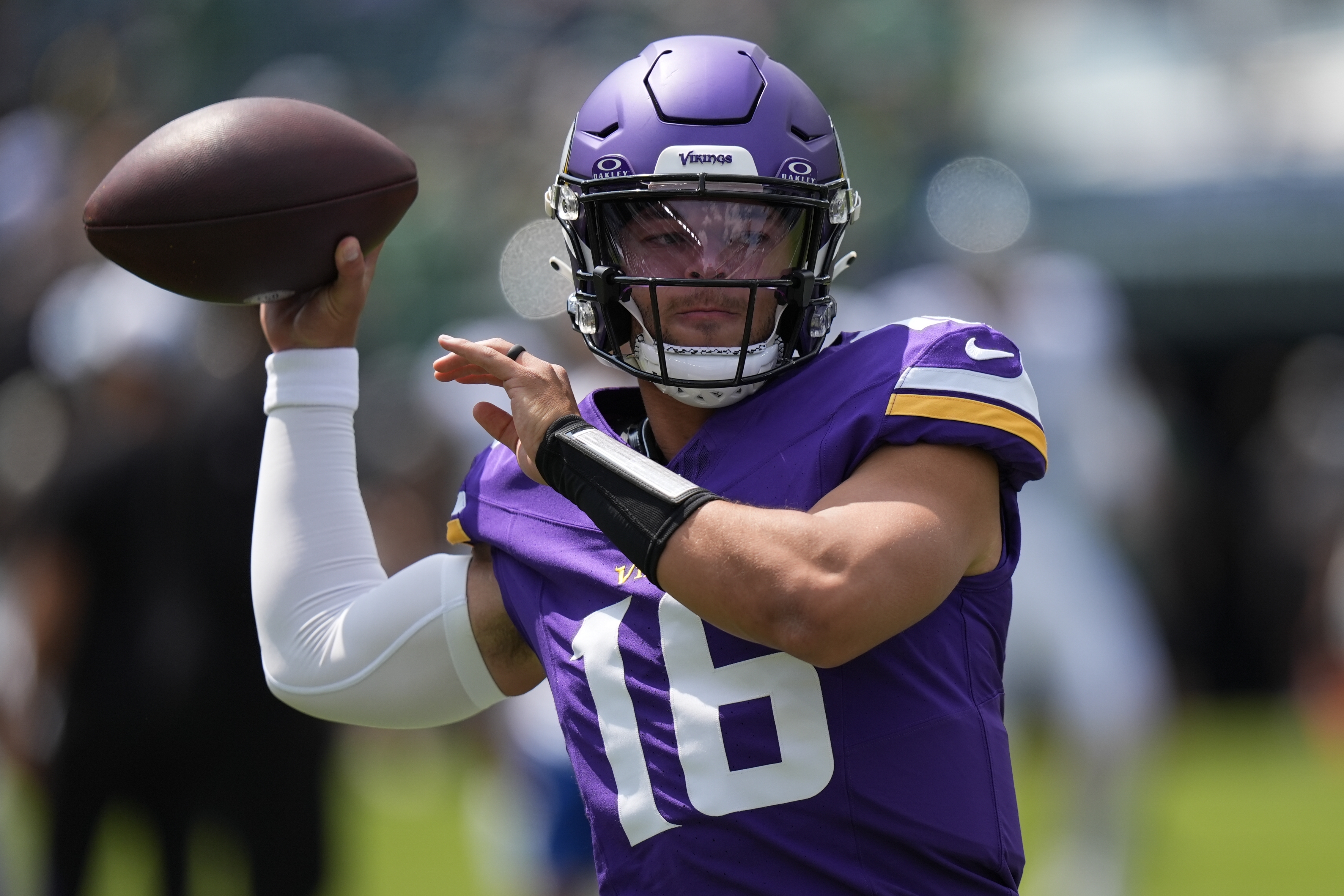 Minnesota Vikings quarterback Jaren Hall warms up before a preseason NFL football game against the Philadelphia Eagles on Saturday, Aug. 24, 2024, in Philadelphia.